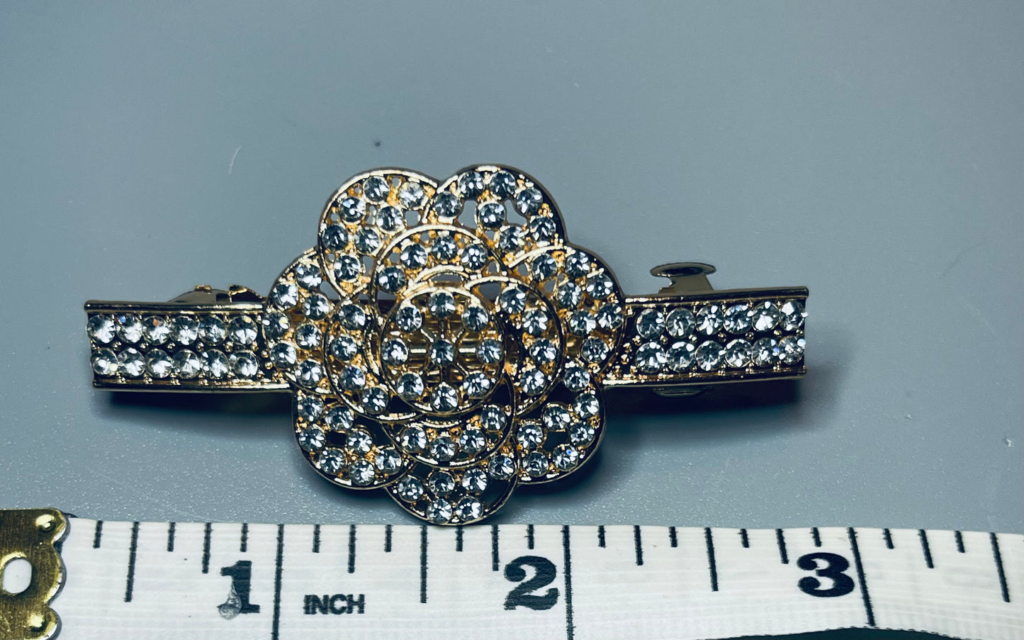Flower hair barrette 3.0” inch gold toned with clear rhinestones hair accessory