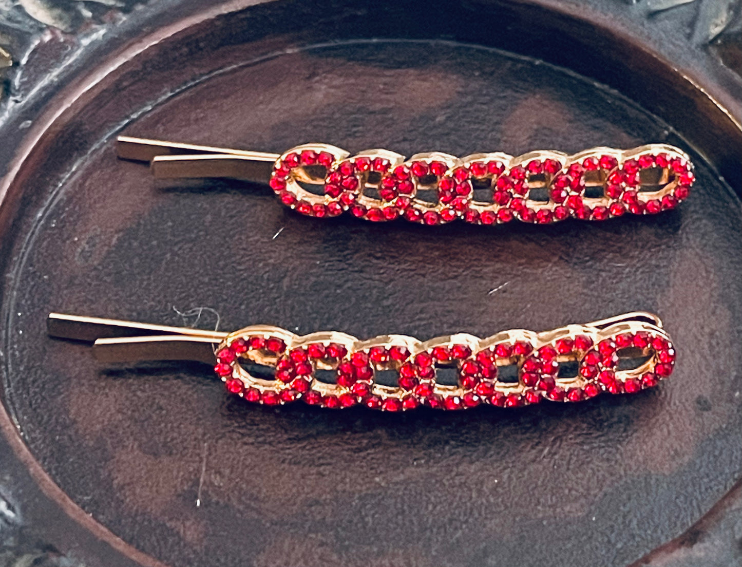 Red Crystal rhinestone hairpins 2pc approximately 2.5”gold tone formal hair accessories gift wedding bridesmaid princess accessory
