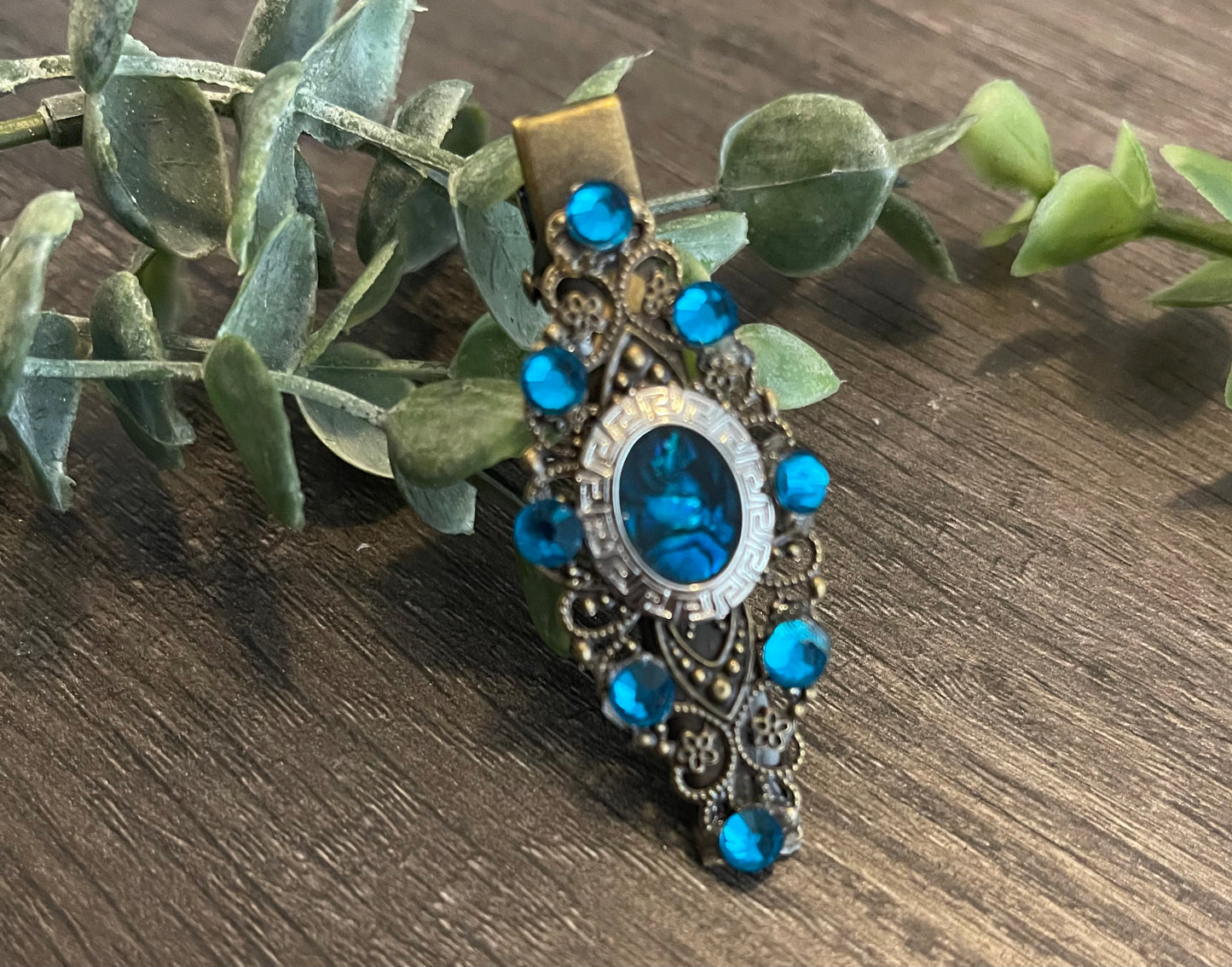 Teal oval crystal vintage antique style leaf hair alligator clip on a 2.5”Handmade hair accessory bridal wedding Retro Bridal Party Prom