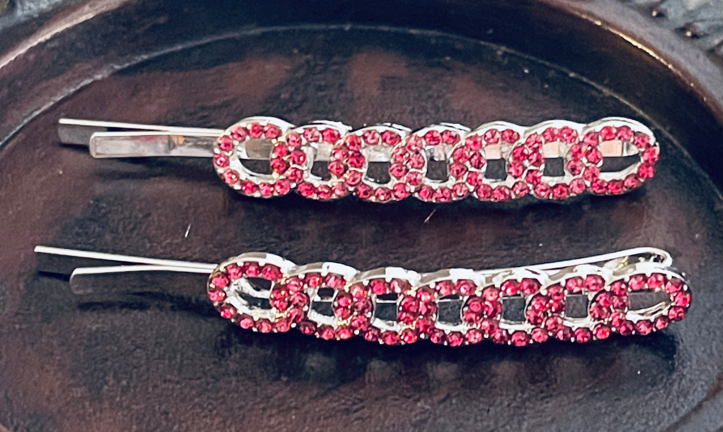Pink Crystal rhinestone hairpins 2pc approximately 2.5”silver tone formal hair accessories gift wedding bridesmaid princess accessory
