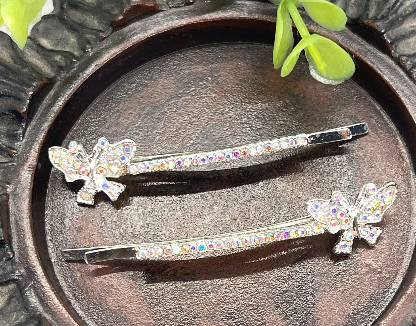 Iridescent Crystal rhinestone butterfly silver tone hair pins 2 pc set bridal Wedding shower prom sweet 16 birthday hair accessories