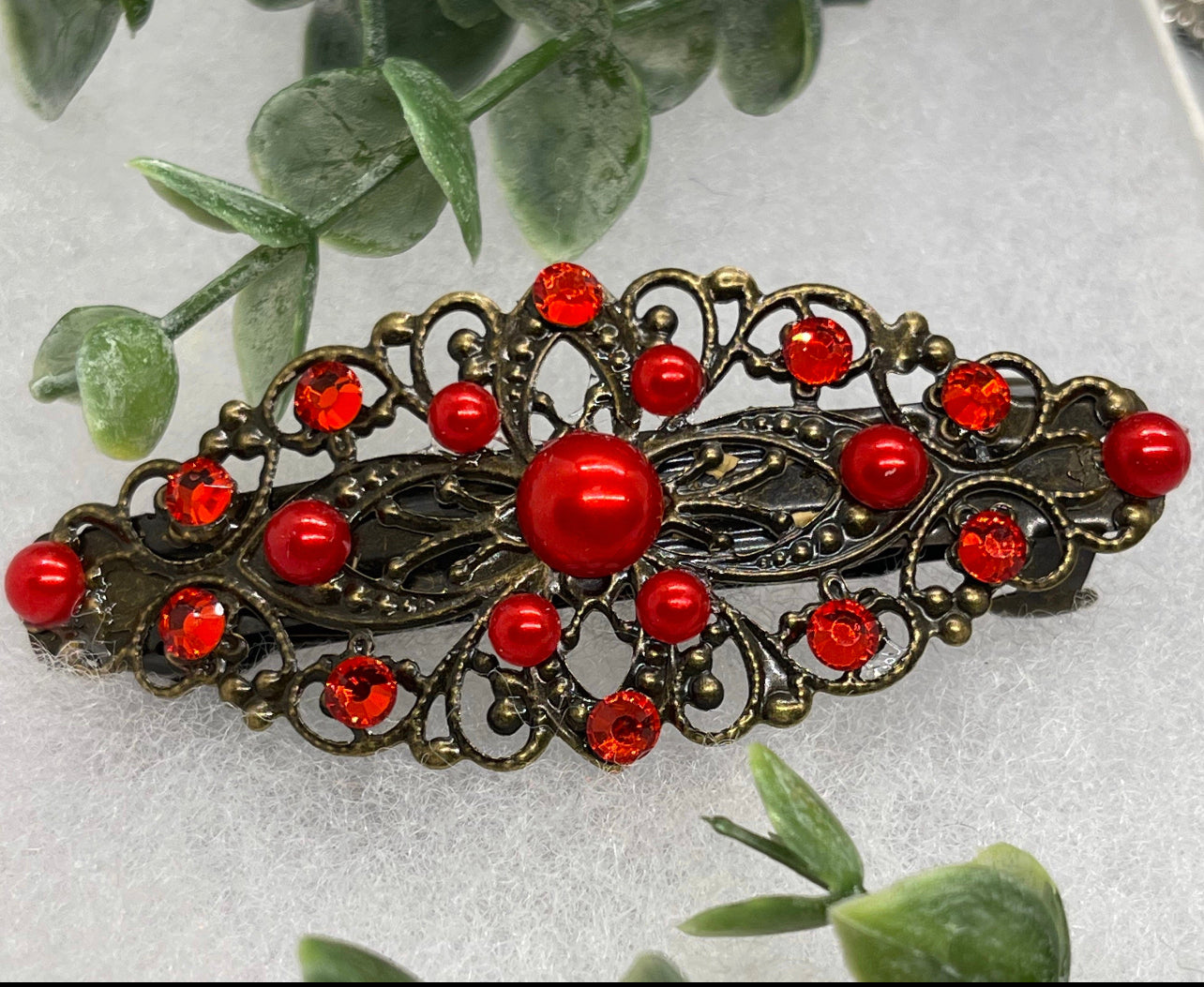 Ruby Red crystal faux pearl barrette Vintage Style 3.5”antique tone Metal bridal wedding shower birthday