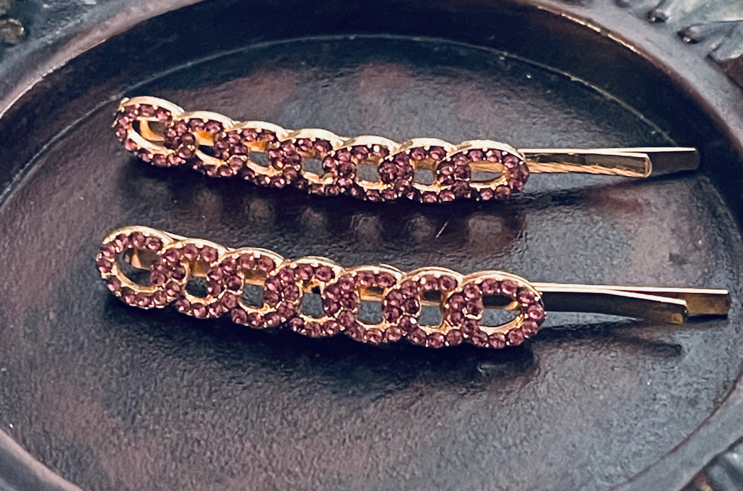 Purple Crystal rhinestone hairpins 2pc approximately 2.5”gold tone formal hair accessories gift wedding bridesmaid princess accessory