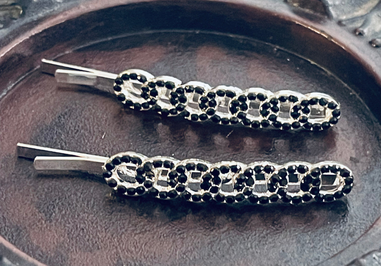 Black Crystal rhinestone hairpins 2pc approximately 2.5”silver tone formal hair accessories gift wedding bridesmaid princess accessory