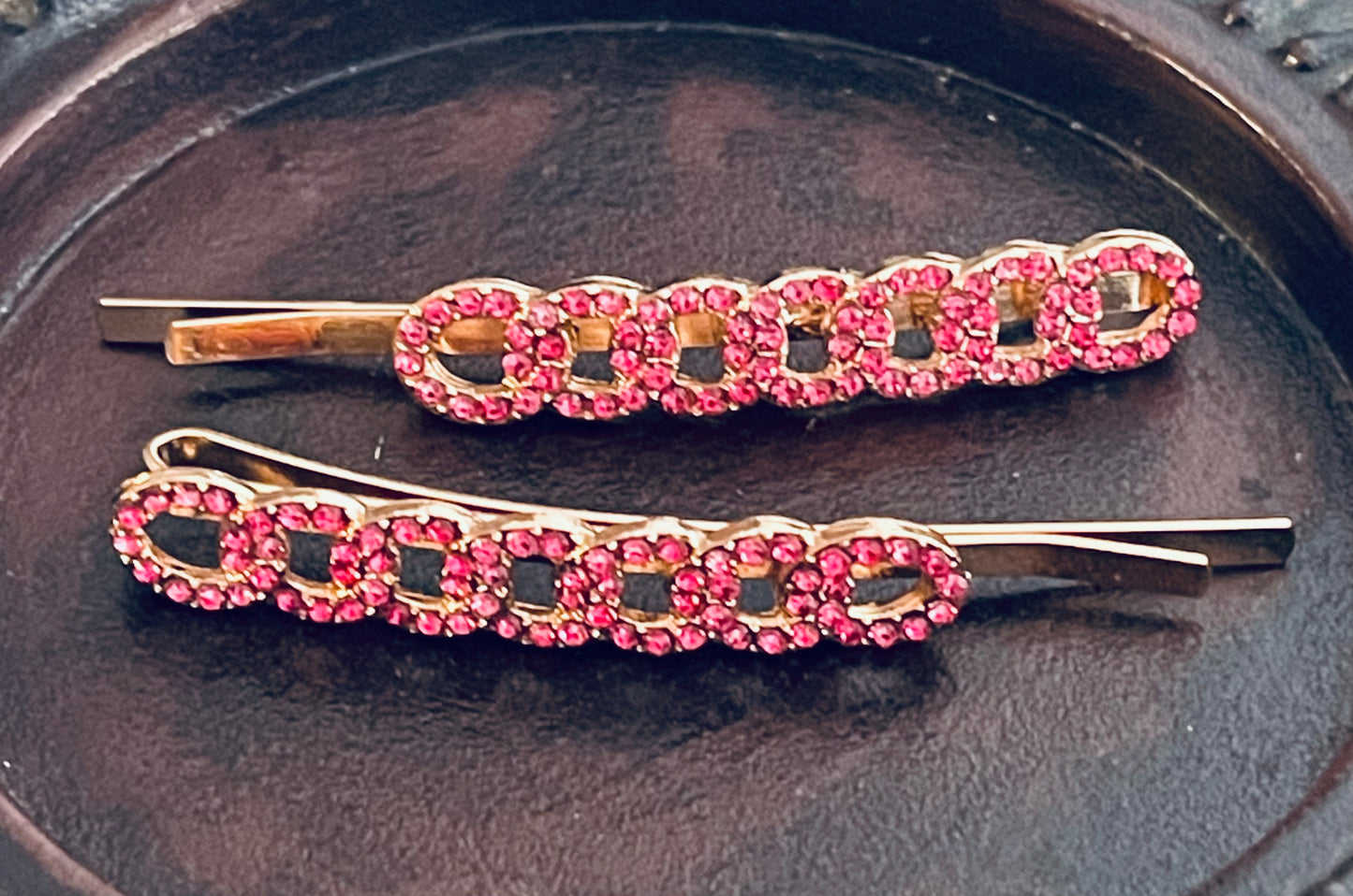 Pink Crystal rhinestone hairpins 2pc approximately 2.5”gold tone formal hair accessories gift wedding bridesmaid princess accessory
