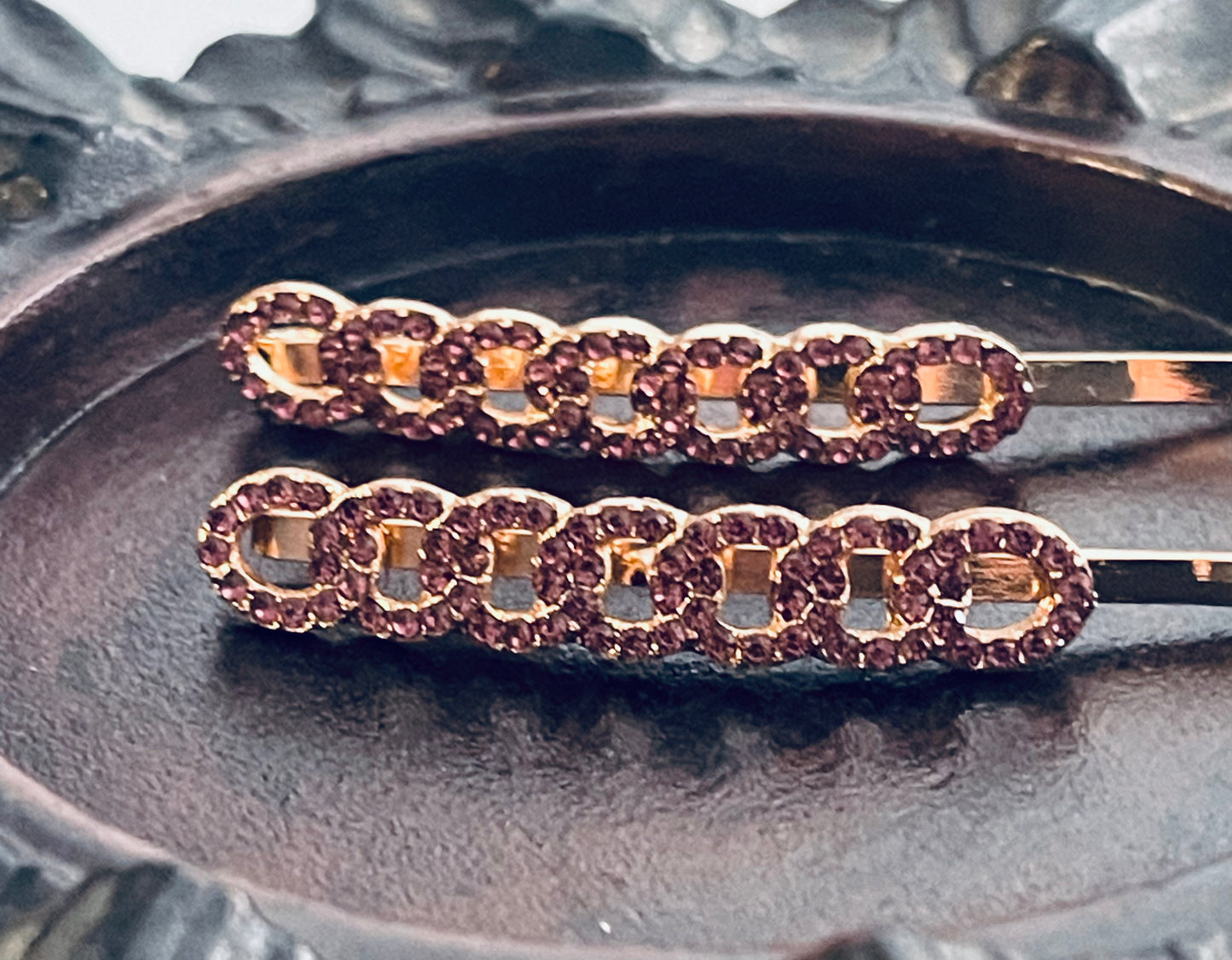 Purple Crystal rhinestone hairpins 2pc approximately 2.5”gold tone formal hair accessories gift wedding bridesmaid princess accessory
