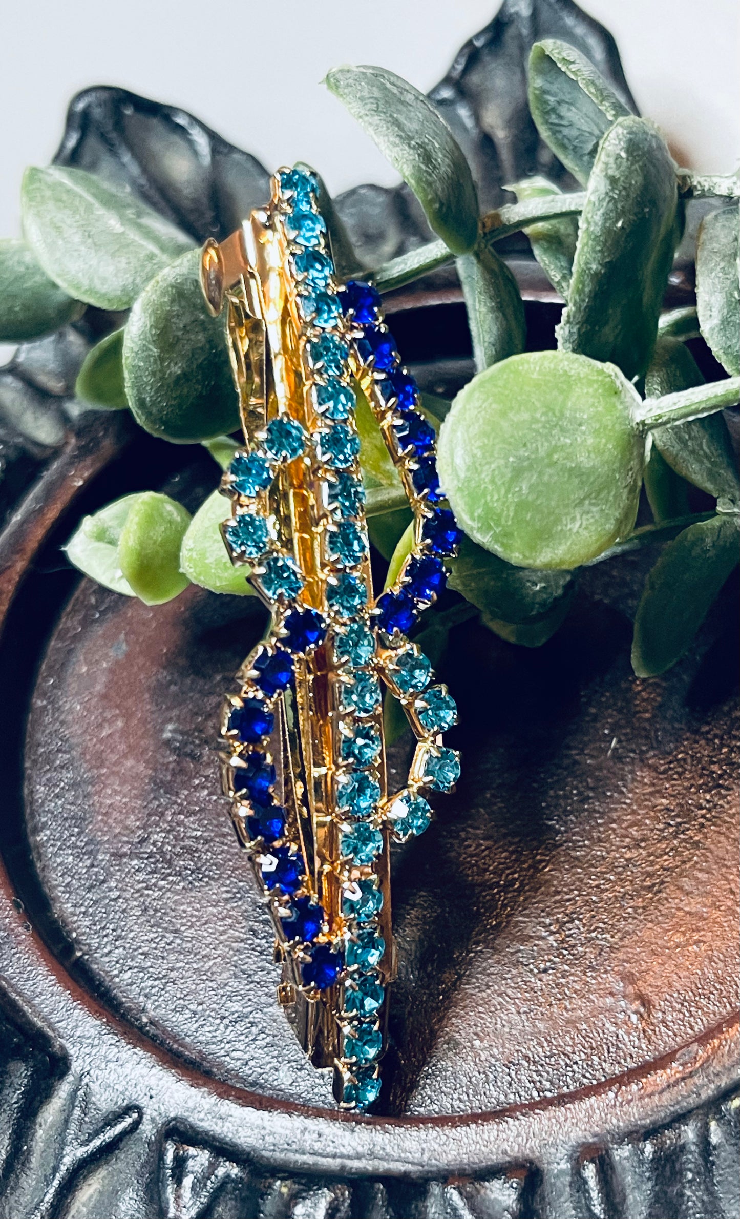 Blue Teal Crystal rhinestone barrette approximately 3.0” gold tone formal hair accessories gift wedding bridesmaid