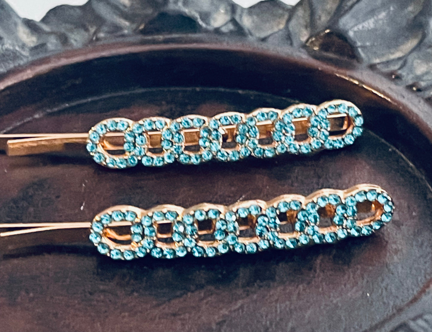 Blue teal Crystal rhinestone hairpins 2pc approximately 2.5” gold tone formal hair accessories gift wedding bridesmaid princess accessory