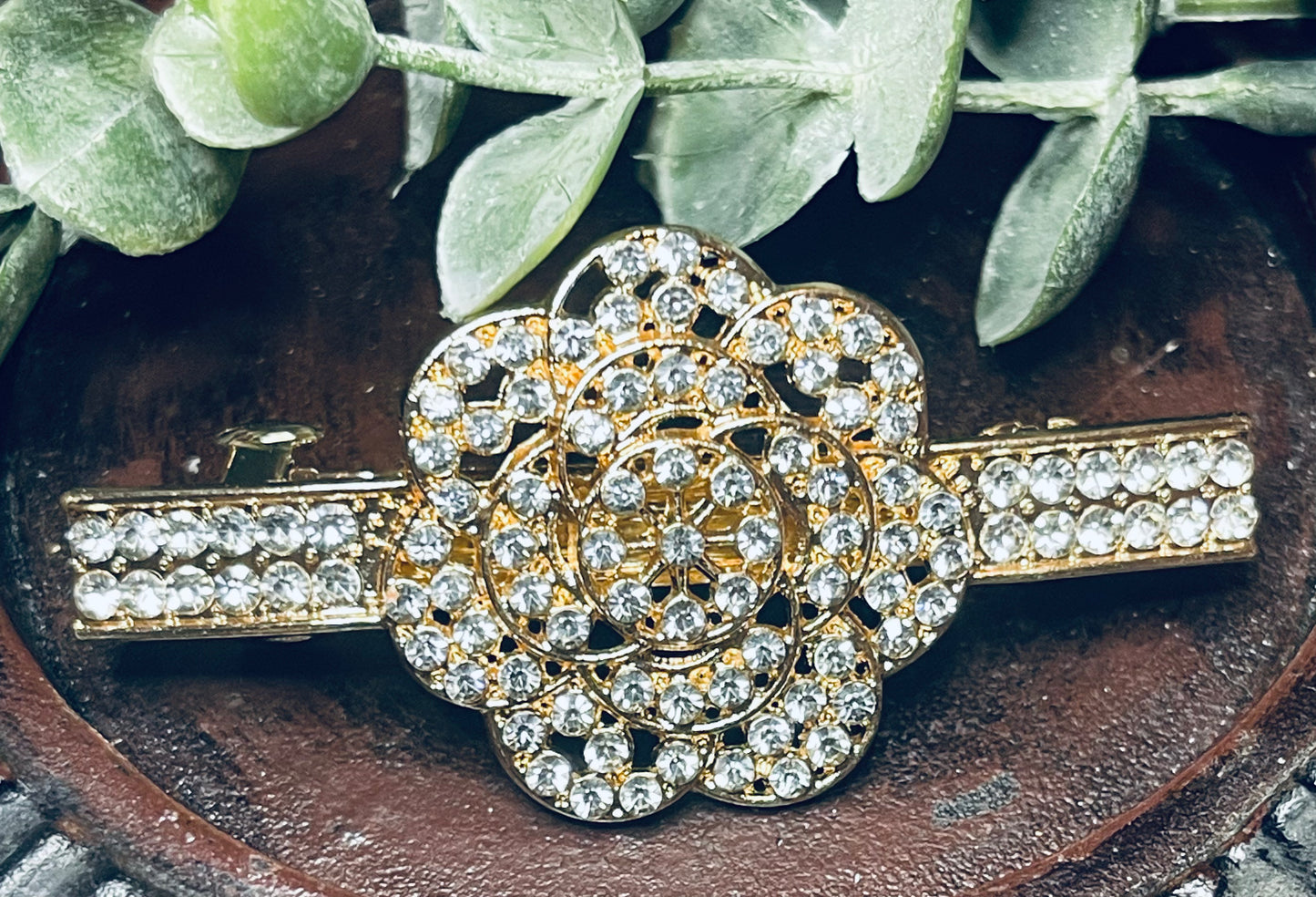 Flower hair barrette 3.0” inch gold toned with clear rhinestones hair accessory