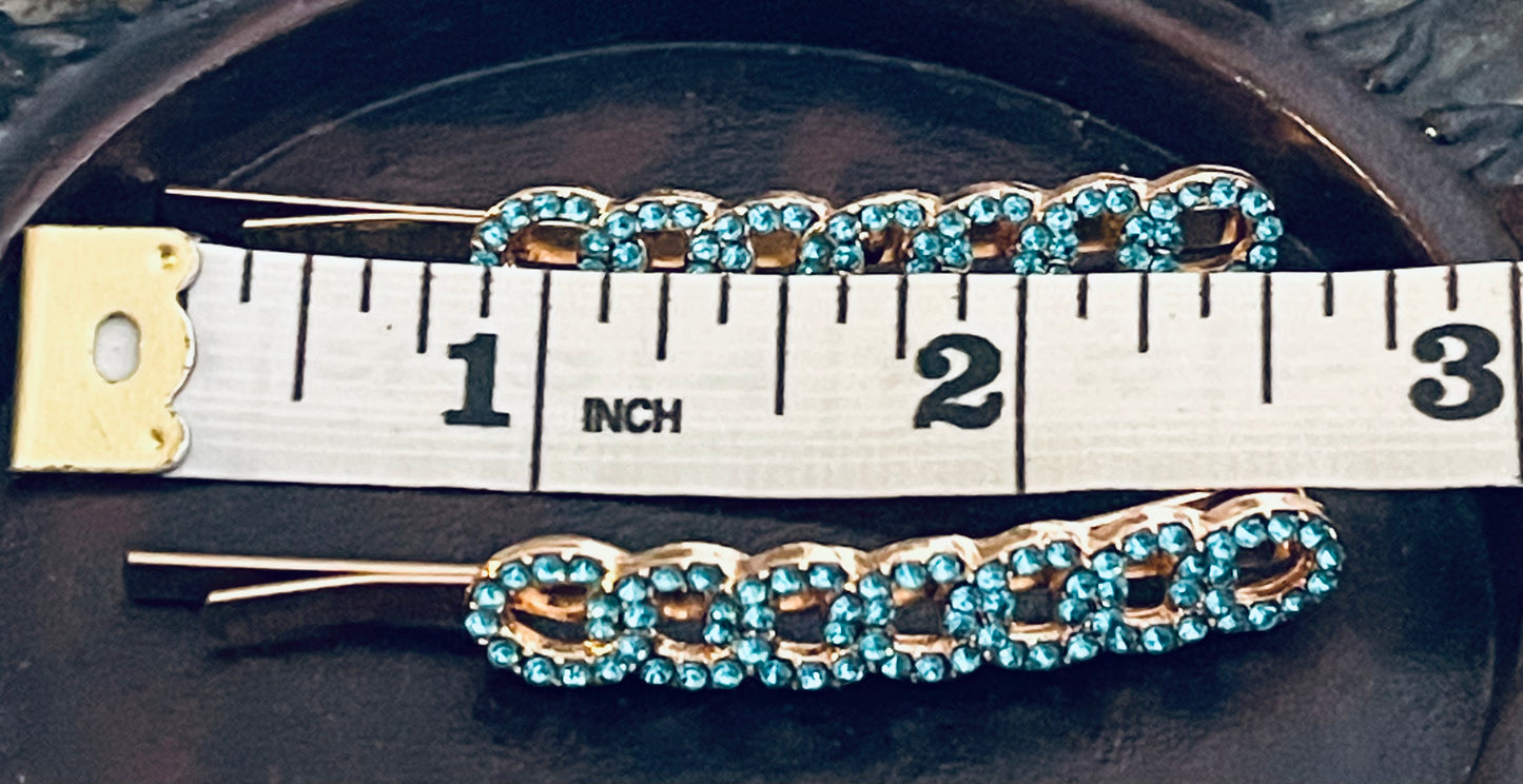 Blue teal Crystal rhinestone hairpins 2pc approximately 2.5” gold tone formal hair accessories gift wedding bridesmaid princess accessory