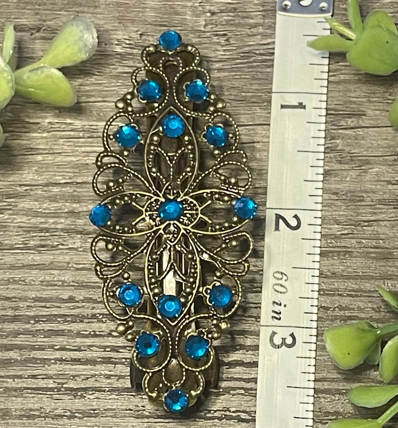 Sapphire Blue crystal barrette Vintage Style 3.5”antique tone Metal bridal wedding shower birthday princess prom gift accessories