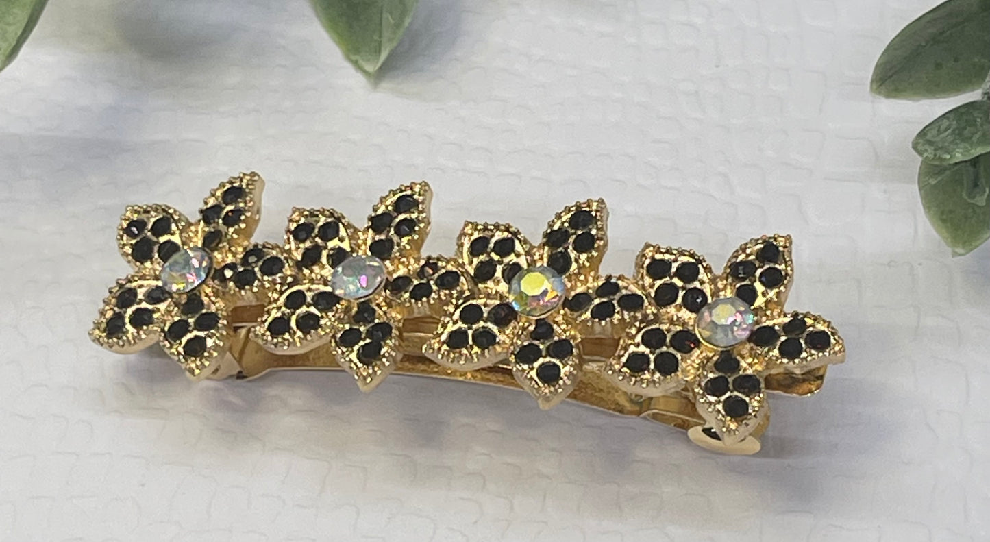 Black Crystal rhinestone flower star barrette approximately 3.0” gold tone formal hair accessories gift wedding bridesmaid