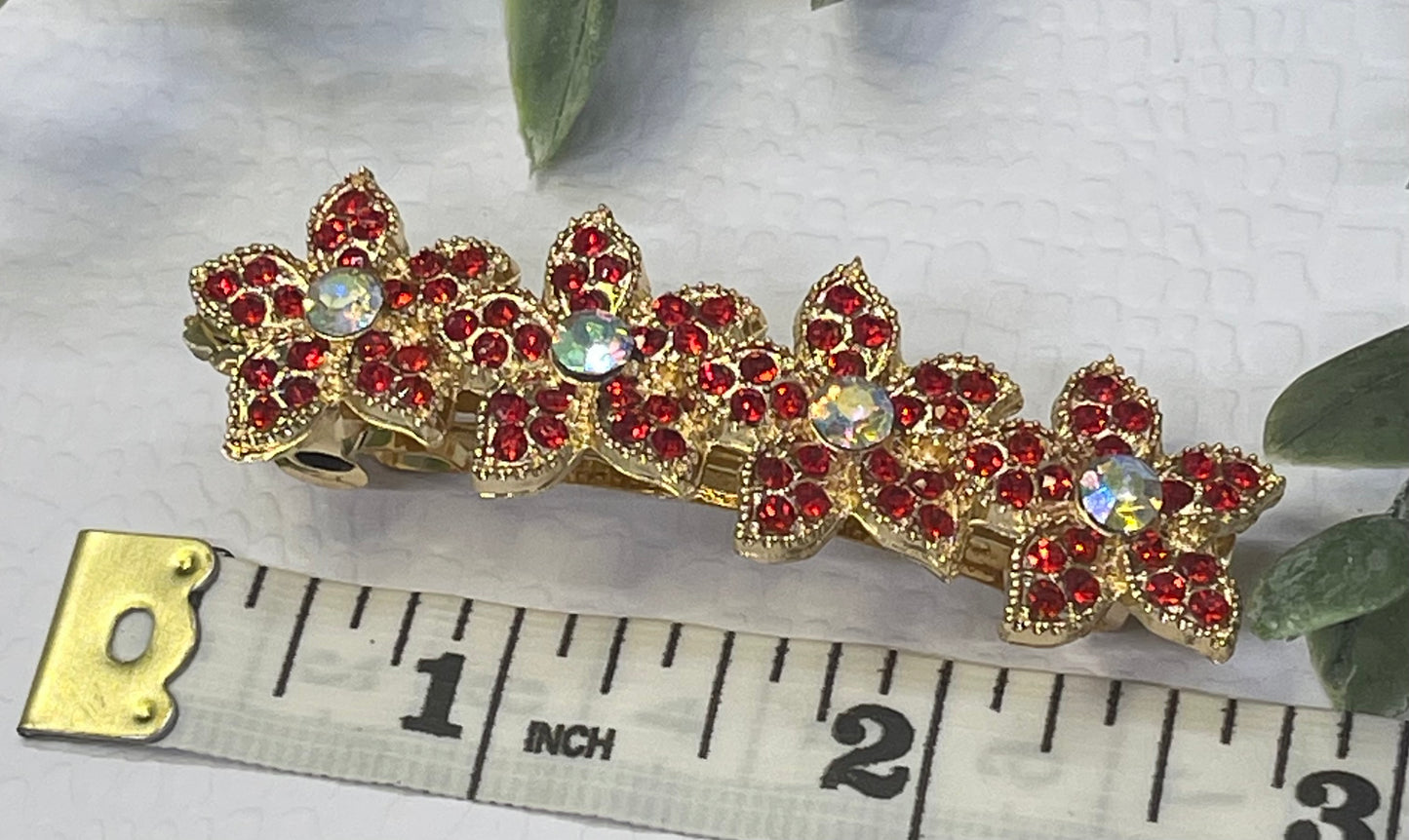 Red Crystal rhinestone flower star barrette approximately 3.0” gold tone formal hair accessories gift wedding bridesmaid