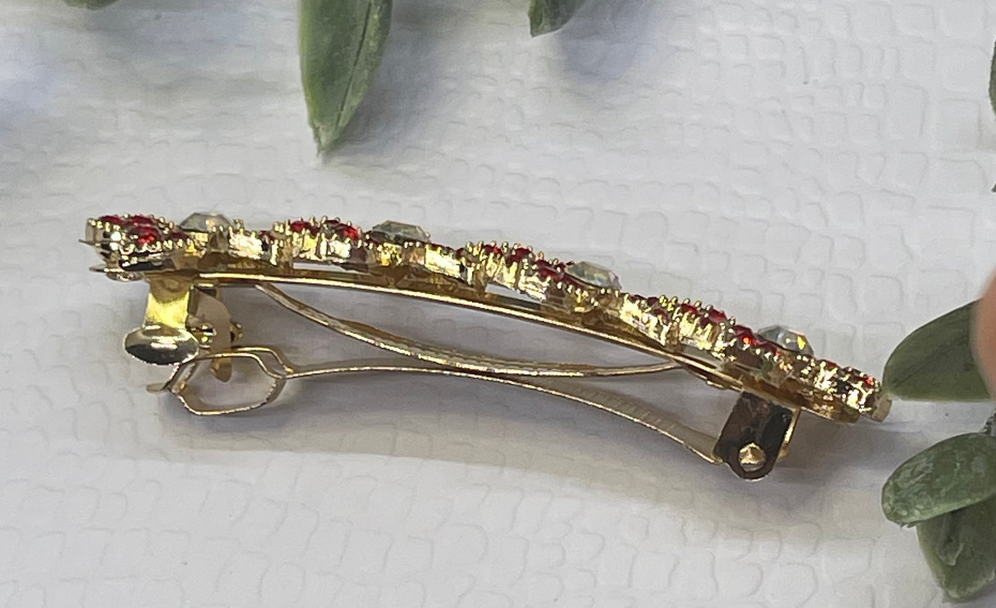 Red Crystal rhinestone flower star barrette approximately 3.0” gold tone formal hair accessories gift wedding bridesmaid