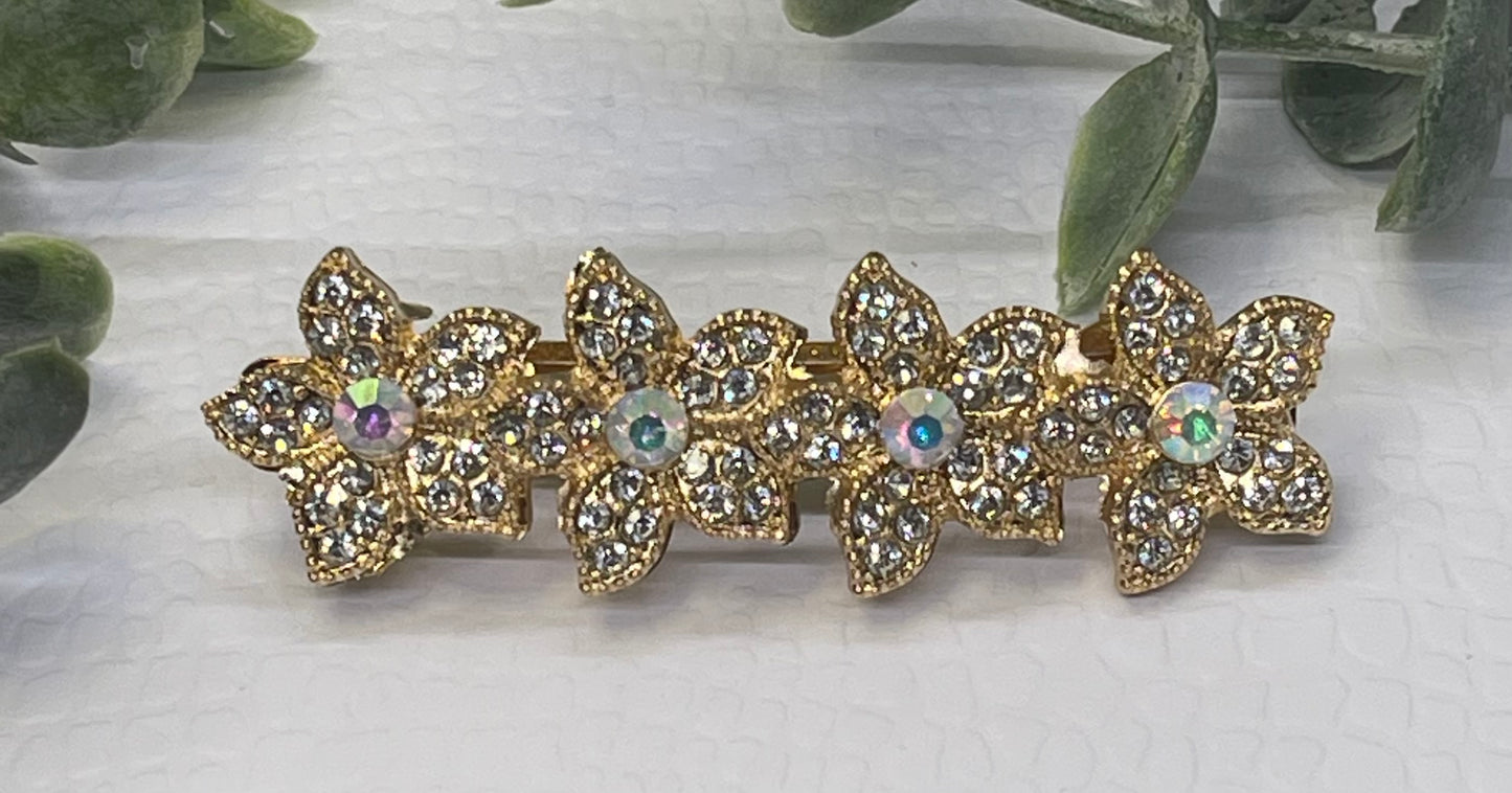 Clear Crystal rhinestone flower star barrette approximately 3.0” gold tone formal hair accessories gift wedding bridesmaid