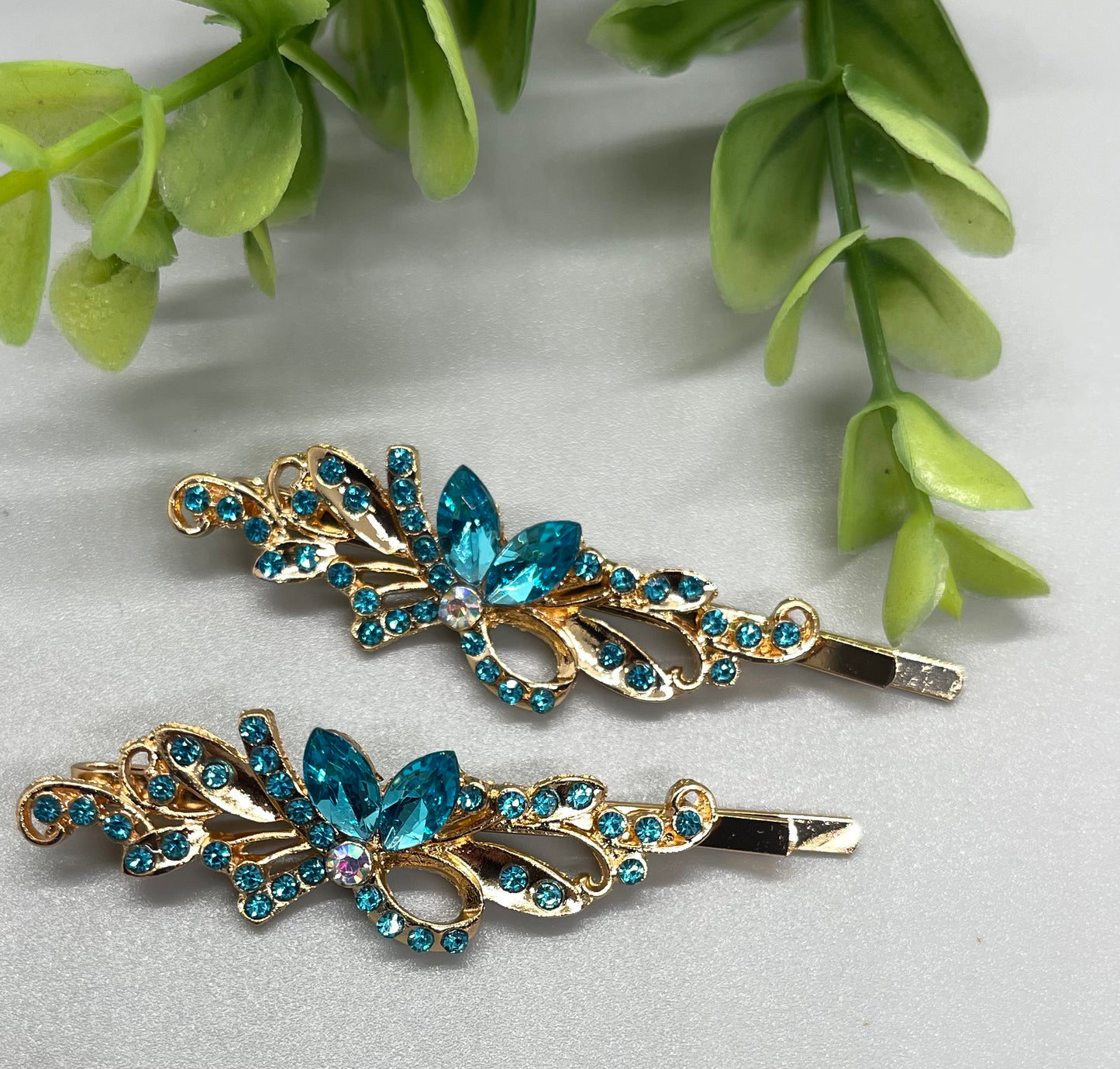 Teal crystal rhinestone Rose Gold approximately 2.75 hair pins 2 pc set wedding bridal shower engagement formal princess accessory birthday prom