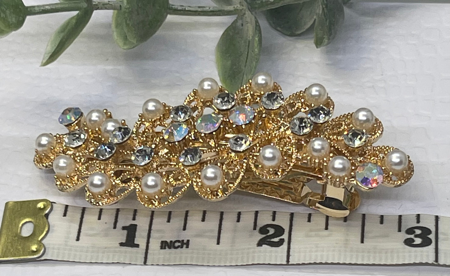 Pearl Crystal rhinestone barrette approximately 3.0” ggold tone formal hair accessories gift wedding bridesmaid
