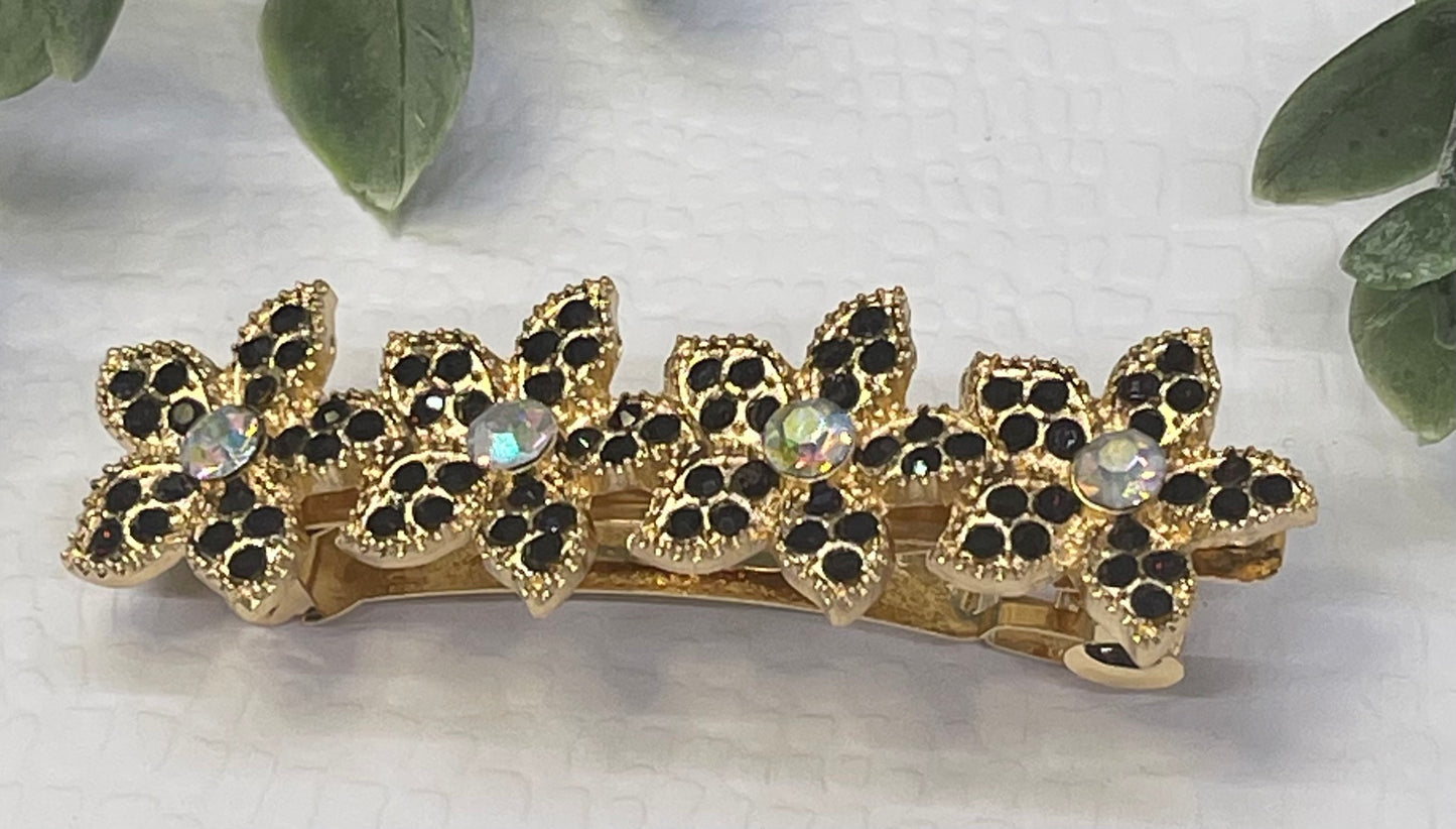 Black Crystal rhinestone flower star barrette approximately 3.0” gold tone formal hair accessories gift wedding bridesmaid
