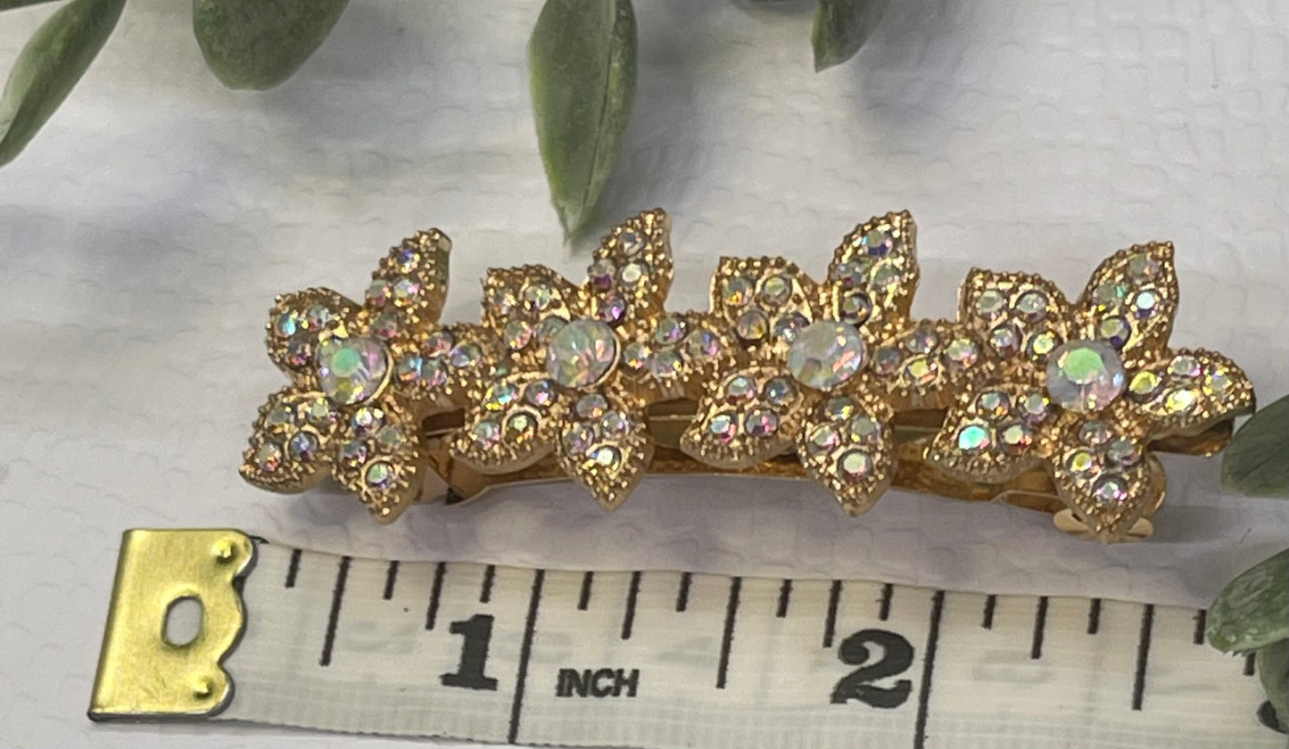 iridescent Crystal rhinestone flower star barrette approximately 3.0” gold tone formal hair accessories gift wedding bridesmaid