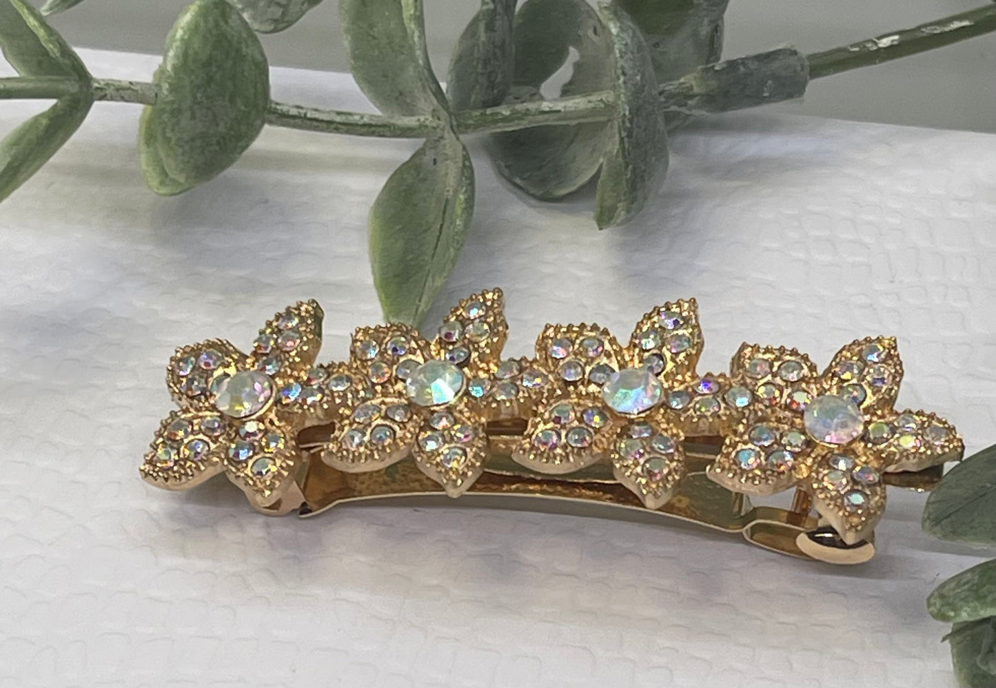 iridescent Crystal rhinestone flower star barrette approximately 3.0” gold tone formal hair accessories gift wedding bridesmaid