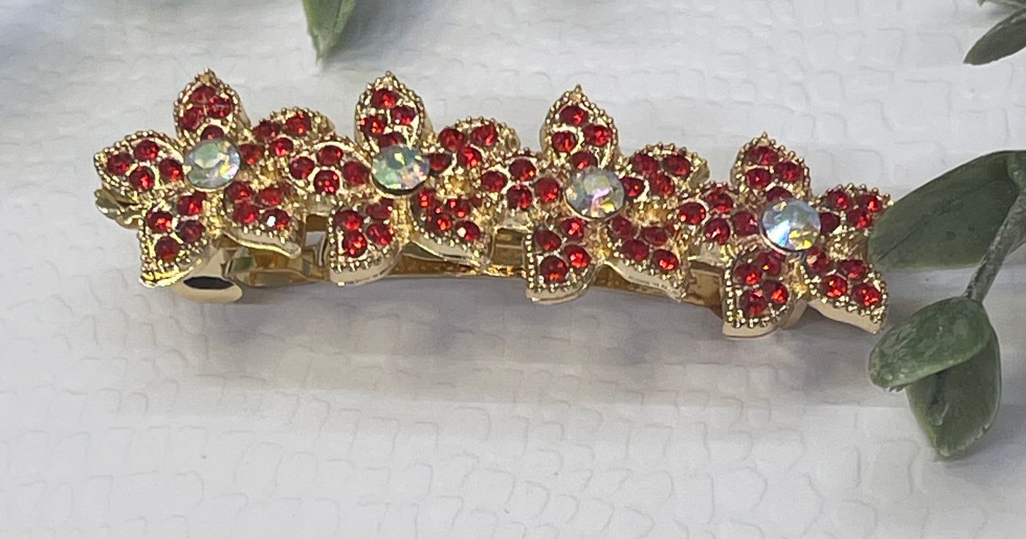 Red Crystal rhinestone flower star barrette approximately 3.0” gold tone formal hair accessories gift wedding bridesmaid