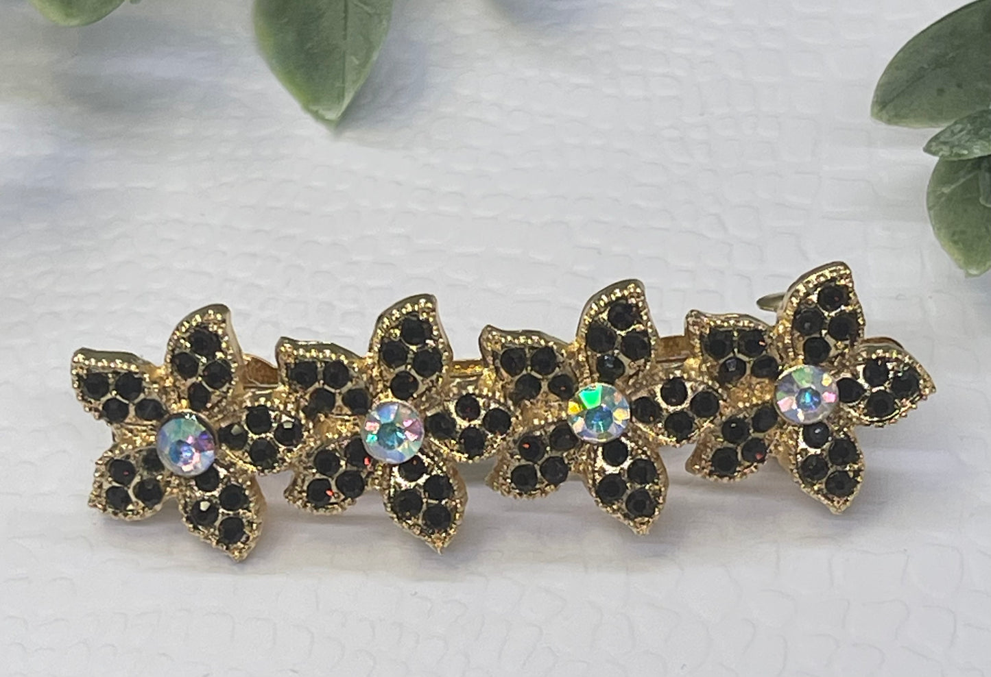 Black Crystal rhinestone flower star barrette approximately 3.0” gold tone formal hair accessories gift wedding bridesmaid