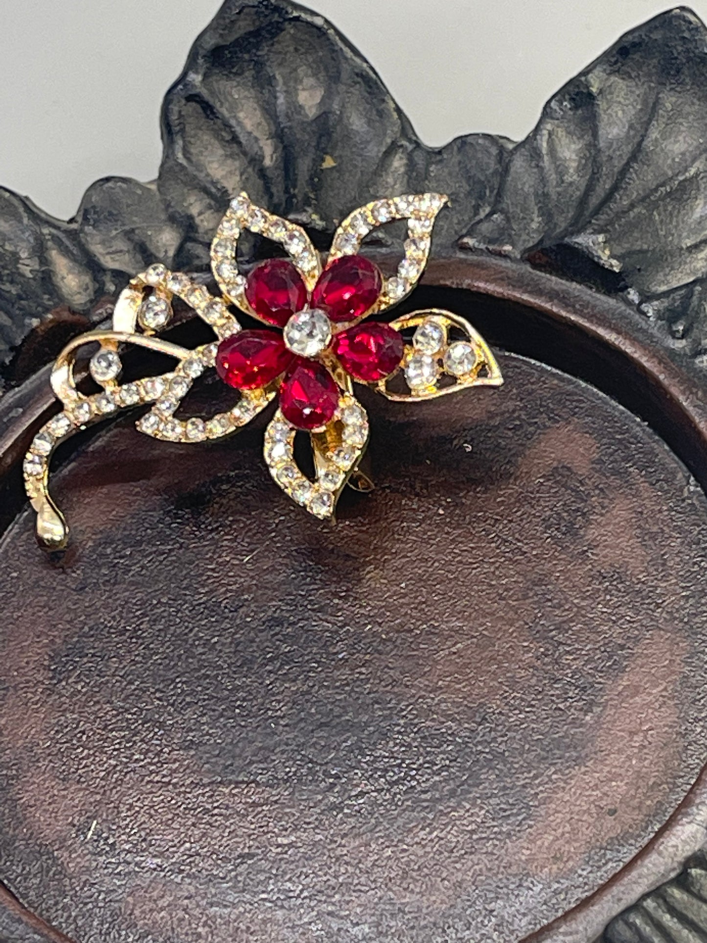 Luxe’s Red Crystal Brooch Rhinestone flower gold tone woman with rhinestone gift scarf accessory