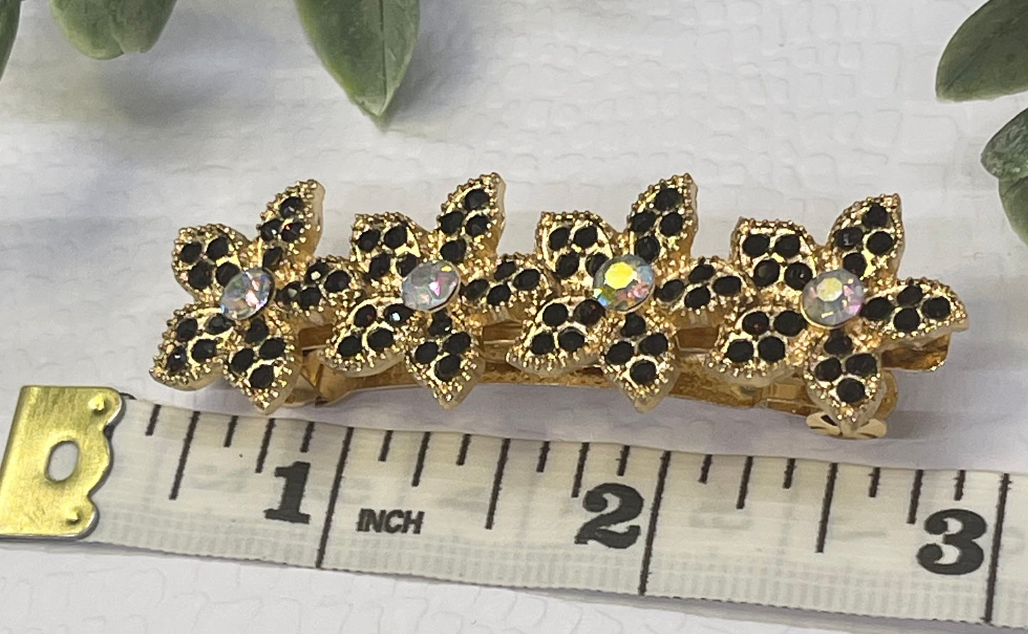 Black Crystal rhinestone flower star barrette approximately 3.0” gold tone formal hair accessories gift wedding bridesmaid