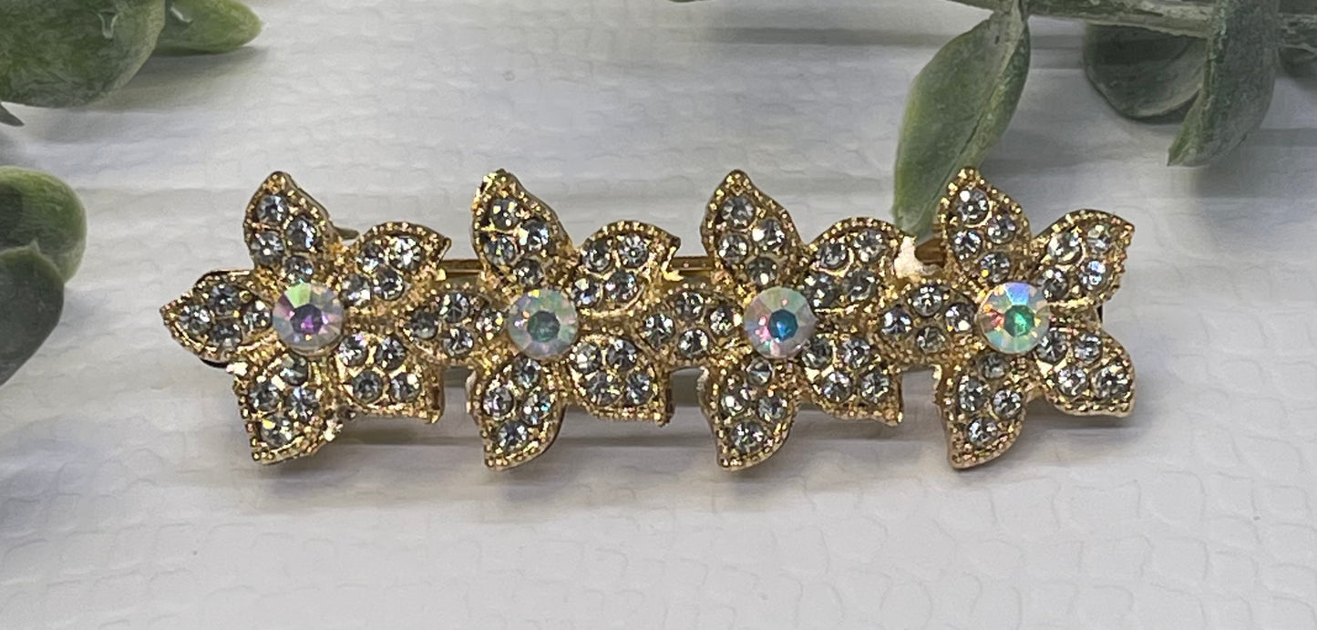 Clear Crystal rhinestone flower star barrette approximately 3.0” gold tone formal hair accessories gift wedding bridesmaid