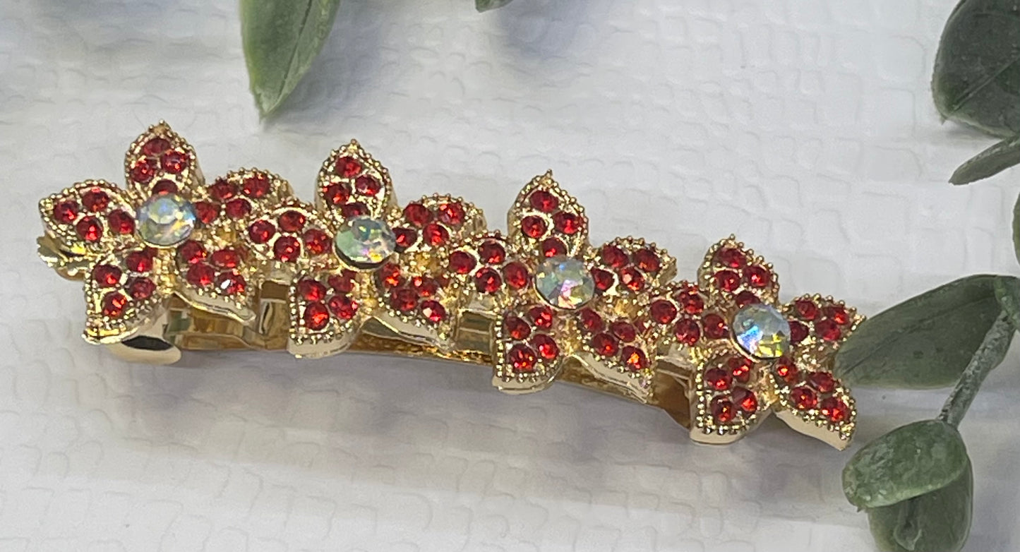 Red Crystal rhinestone flower star barrette approximately 3.0” gold tone formal hair accessories gift wedding bridesmaid