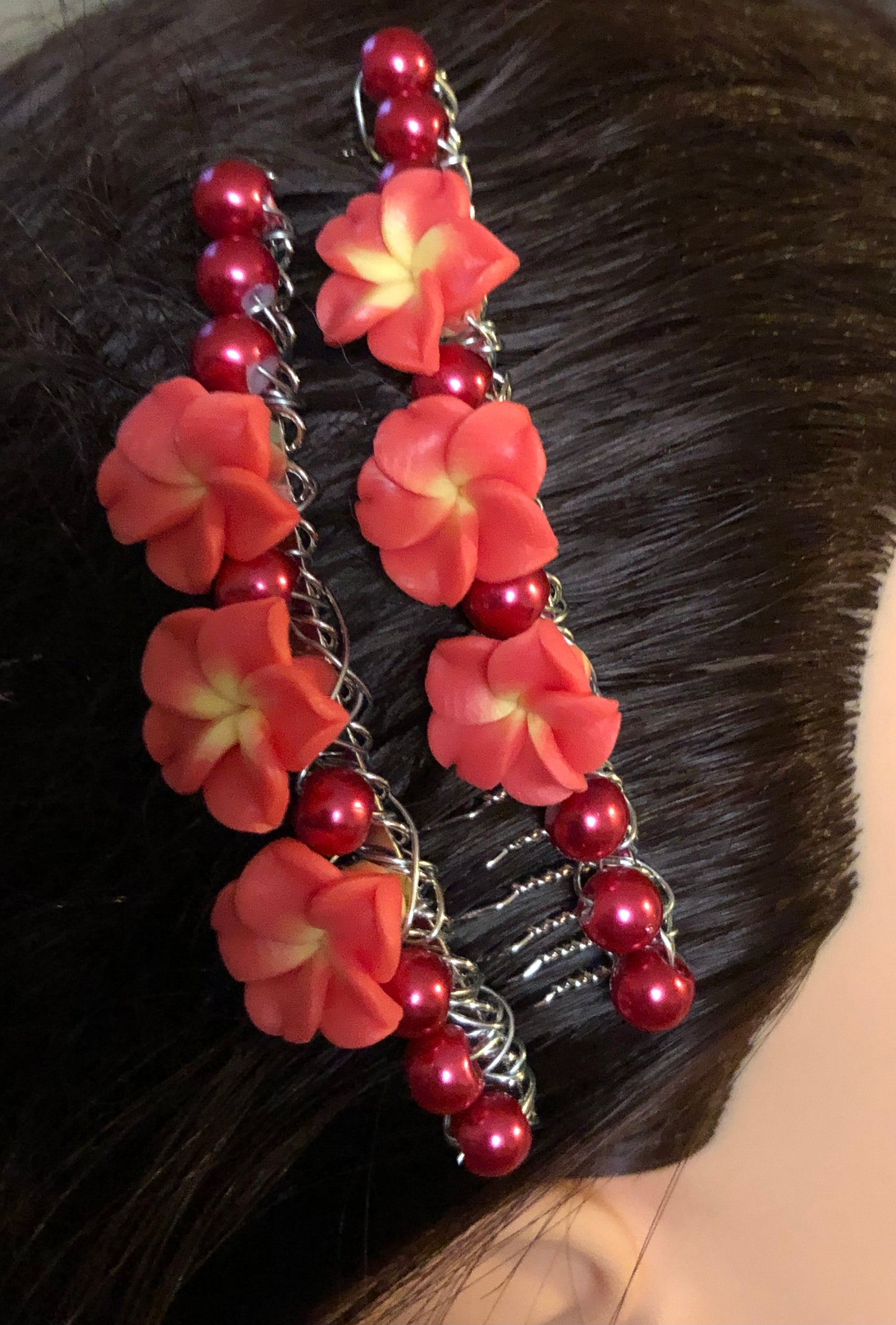 Red Coral Yellow Flower Beads Silver Tone Side Comb 2pc Set