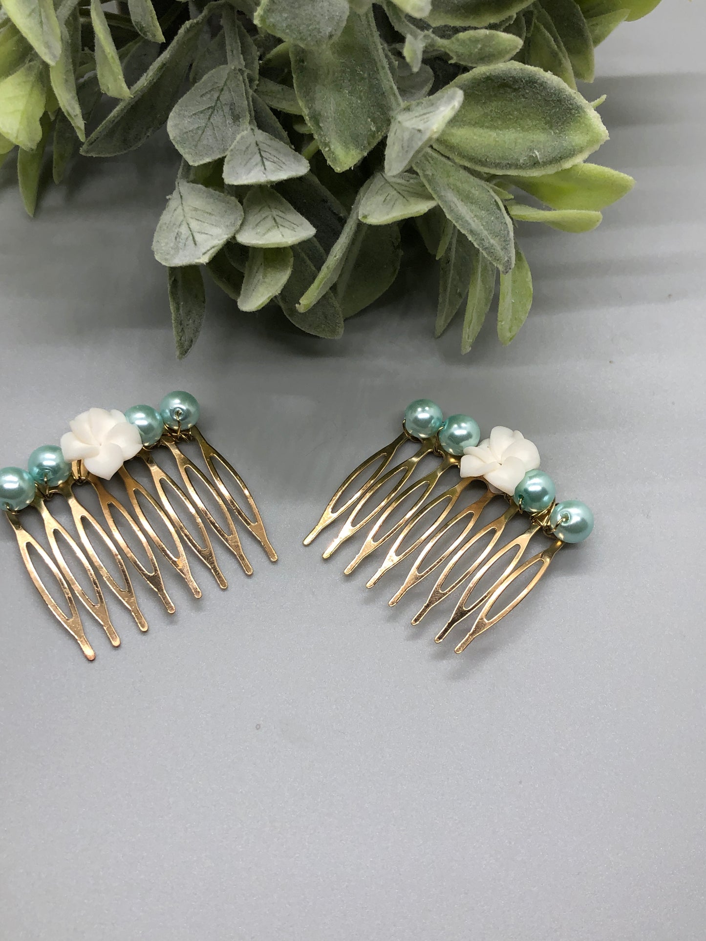Baby Blue White Flower Beaded 2.0' Metal Comb Retro Bridal Wedding Party Prom