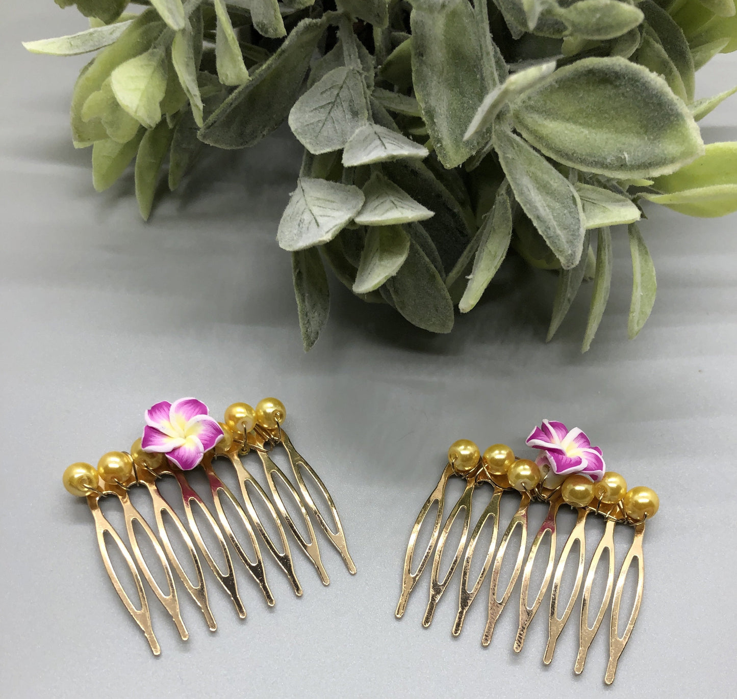 Hot Pink Flower Yellow Beaded Hair Comb Retro Bridal Wedding Party Prom