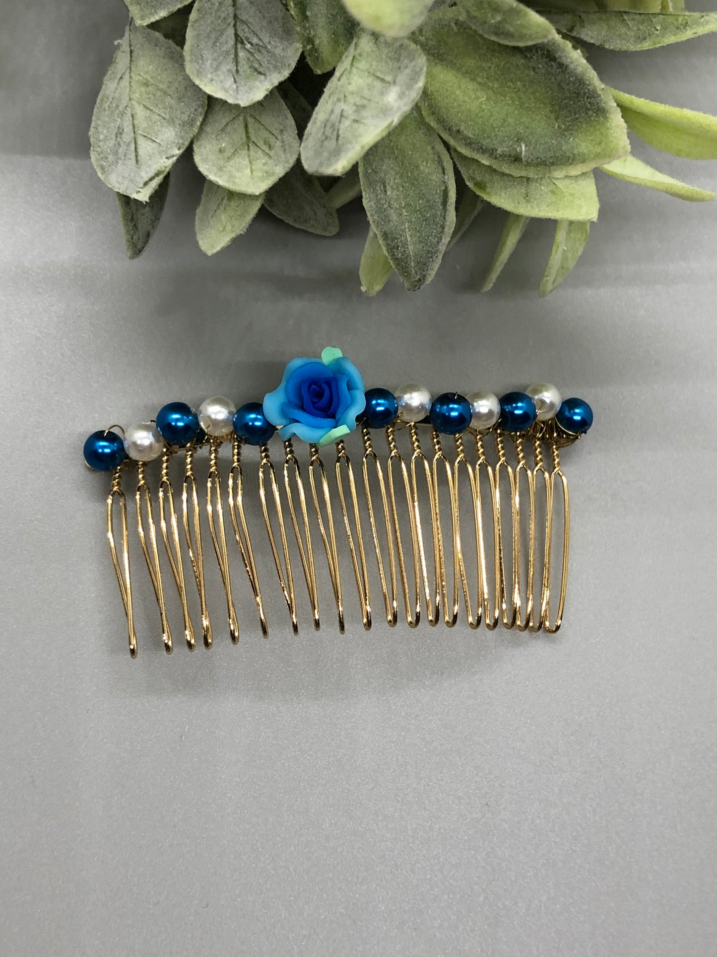 Blue White Beaded Hair Comb 3.5' Gold Comb Retro Bridal Prom Wedding Party