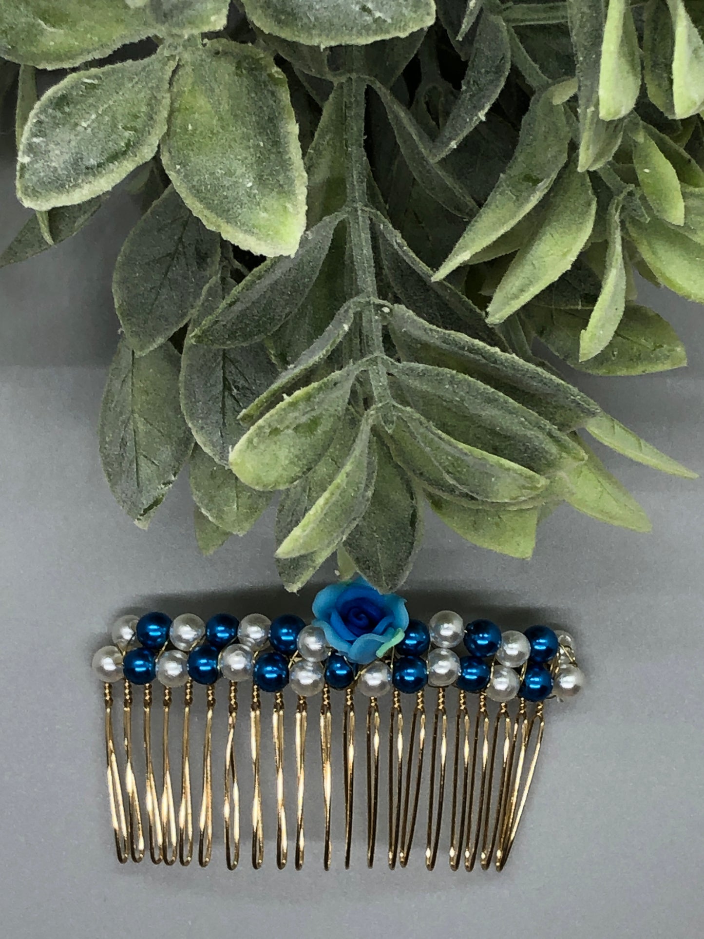 Blue White Flower Beaded Hair Comb 3.5' Gold Comb Retro Bridal Prom Wedding Party