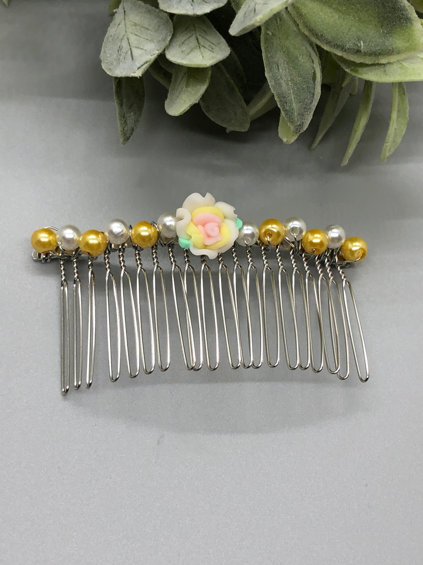 Yellow White Flower Beaded Hair Comb 3.5' Silver Comb Retro Bridal Prom Wedding Party