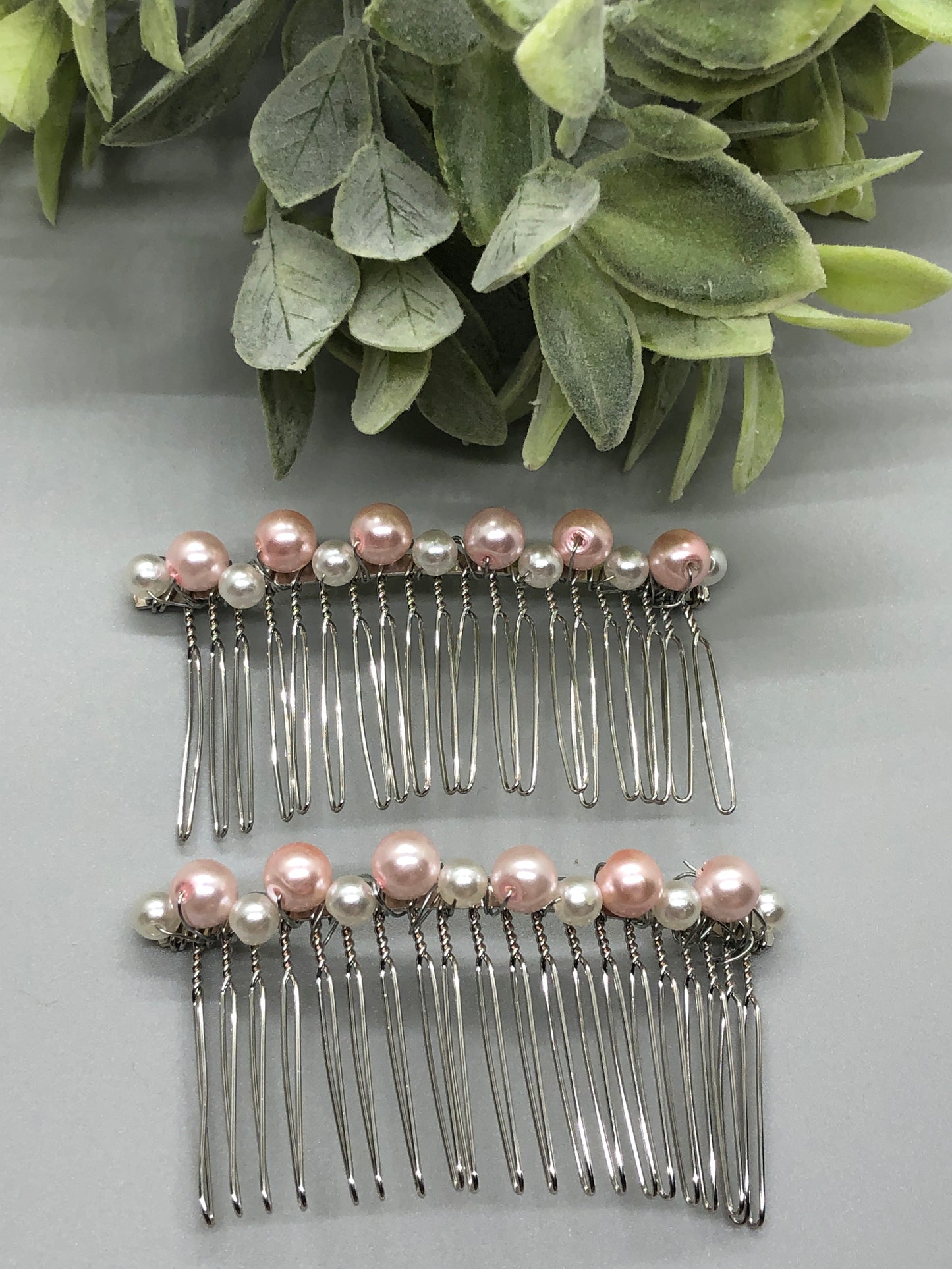 Pink White Beaded Hair Comb 3.5'' Silver Tone Comb 2pc set Retro Bridal Prom Wedding Party