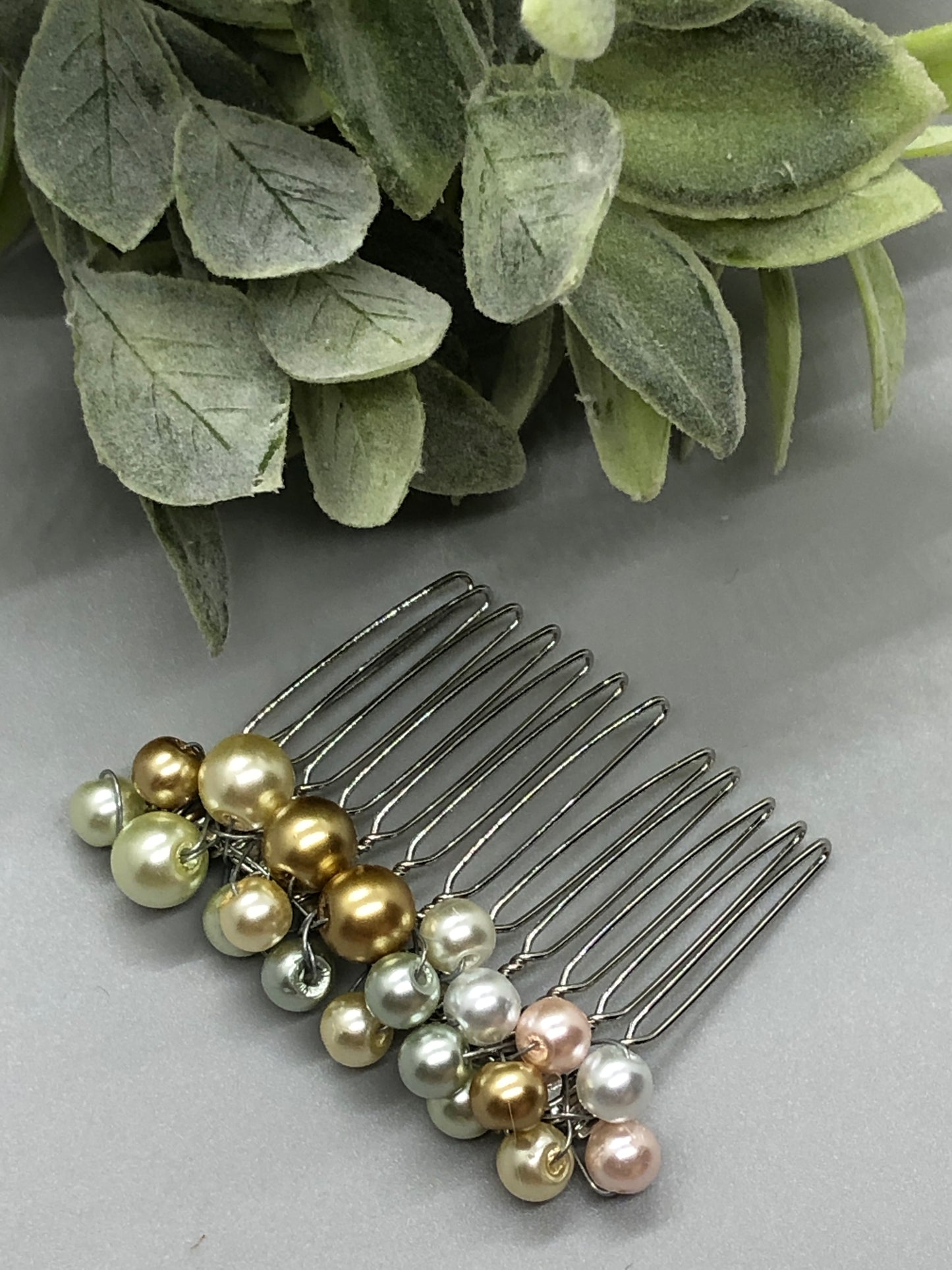 Gray Gold White Metallic Beaded Hair Comb 2.0' Silver Tone Comb Retro Bridal Prom Wedding Party