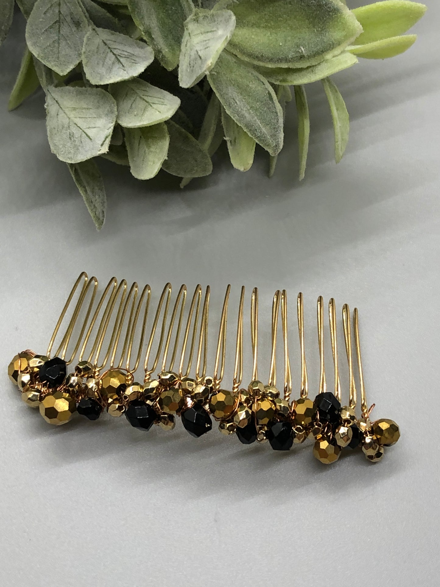 Black Gold Beaded Hair Comb 3.5'' Gold Tone Comb Retro Bridal Prom Wedding Party
