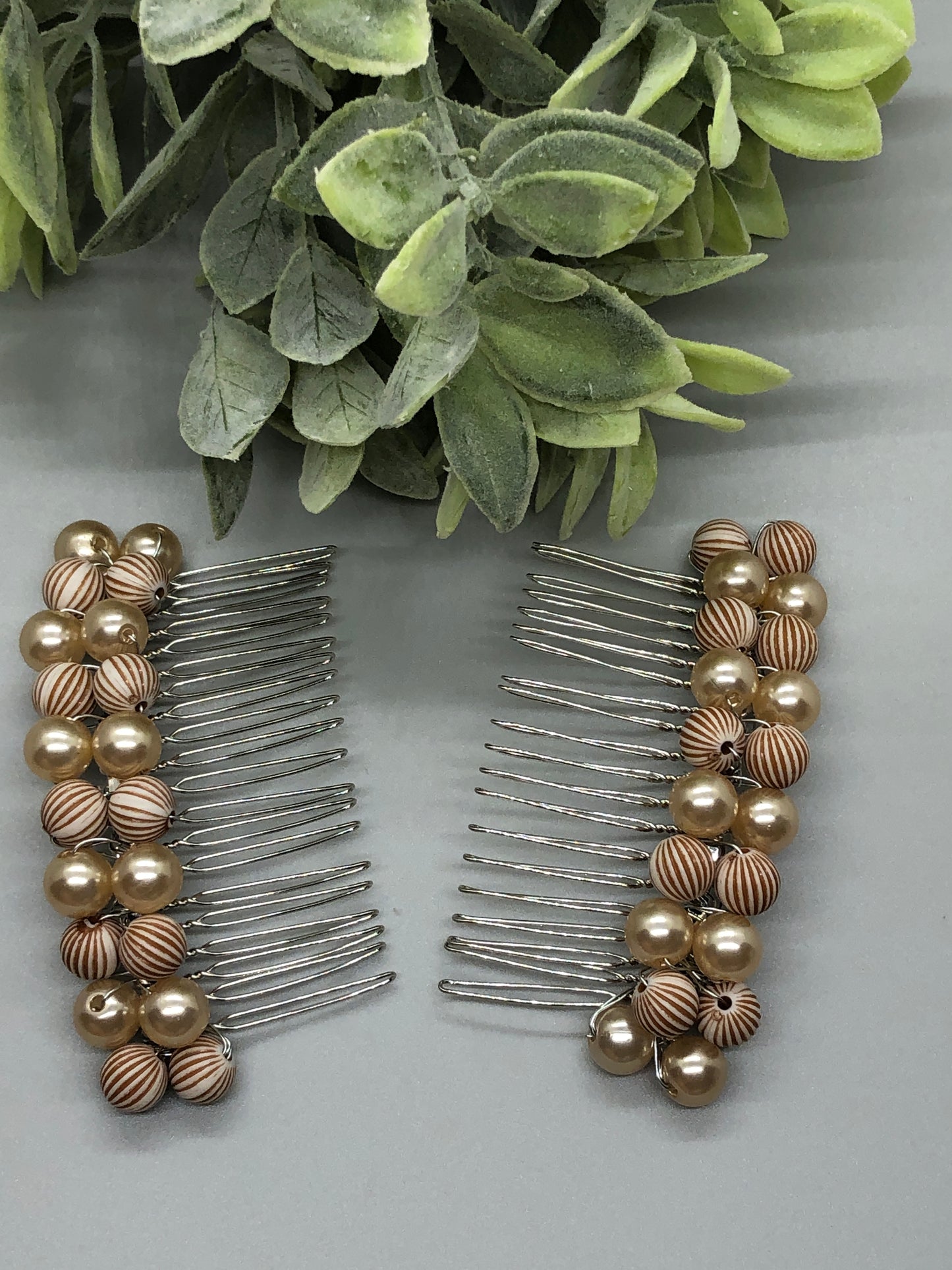 Cream Beige Beaded Hair Comb 3.5'' Silver Tone Comb 2pc Set Retro Bridal Prom Wedding Party