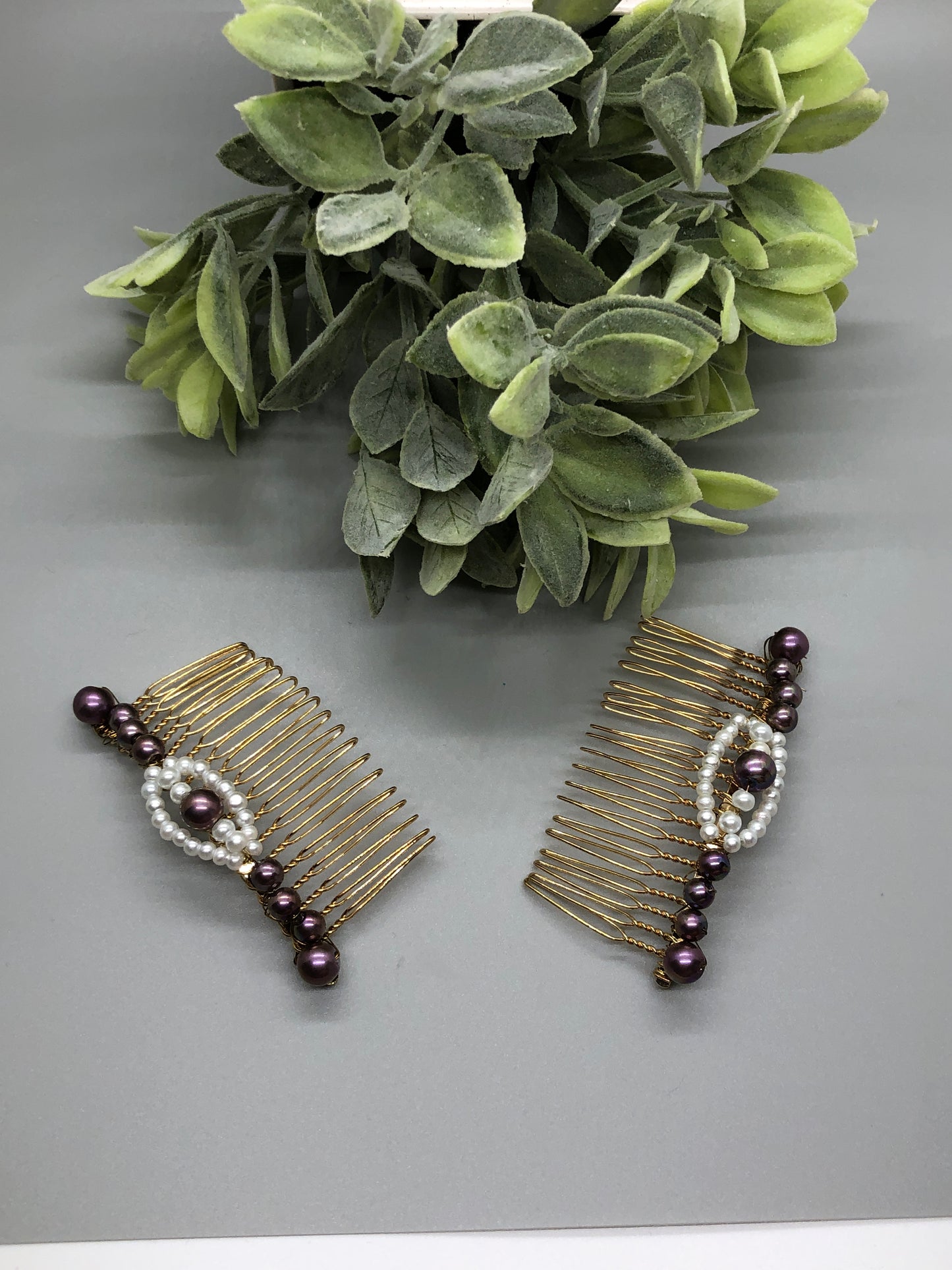 Purple White Beaded Hair Comb 3.5'' Gold Tone 2pc Set Comb Retro Bridal Prom Wedding Party