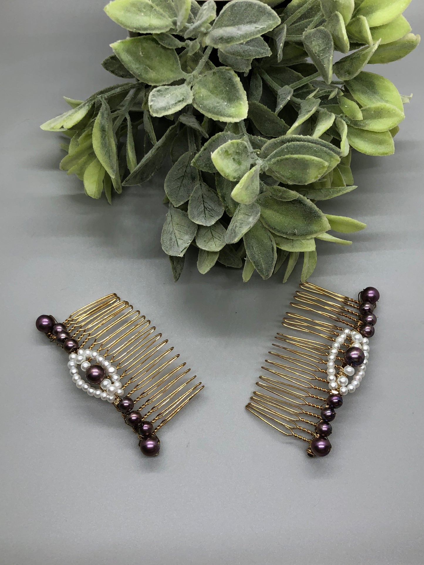 Purple White Beaded Hair Comb 3.5'' Gold Tone 2pc Set Comb Retro Bridal Prom Wedding Party