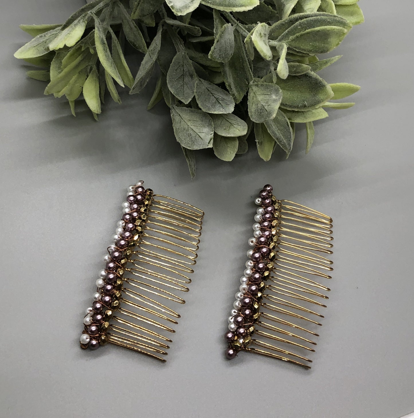 Gold White Purple Beaded Hair Comb 3.5'' Gold Tone 2pc Set Comb Retro Bridal Prom Wedding Party