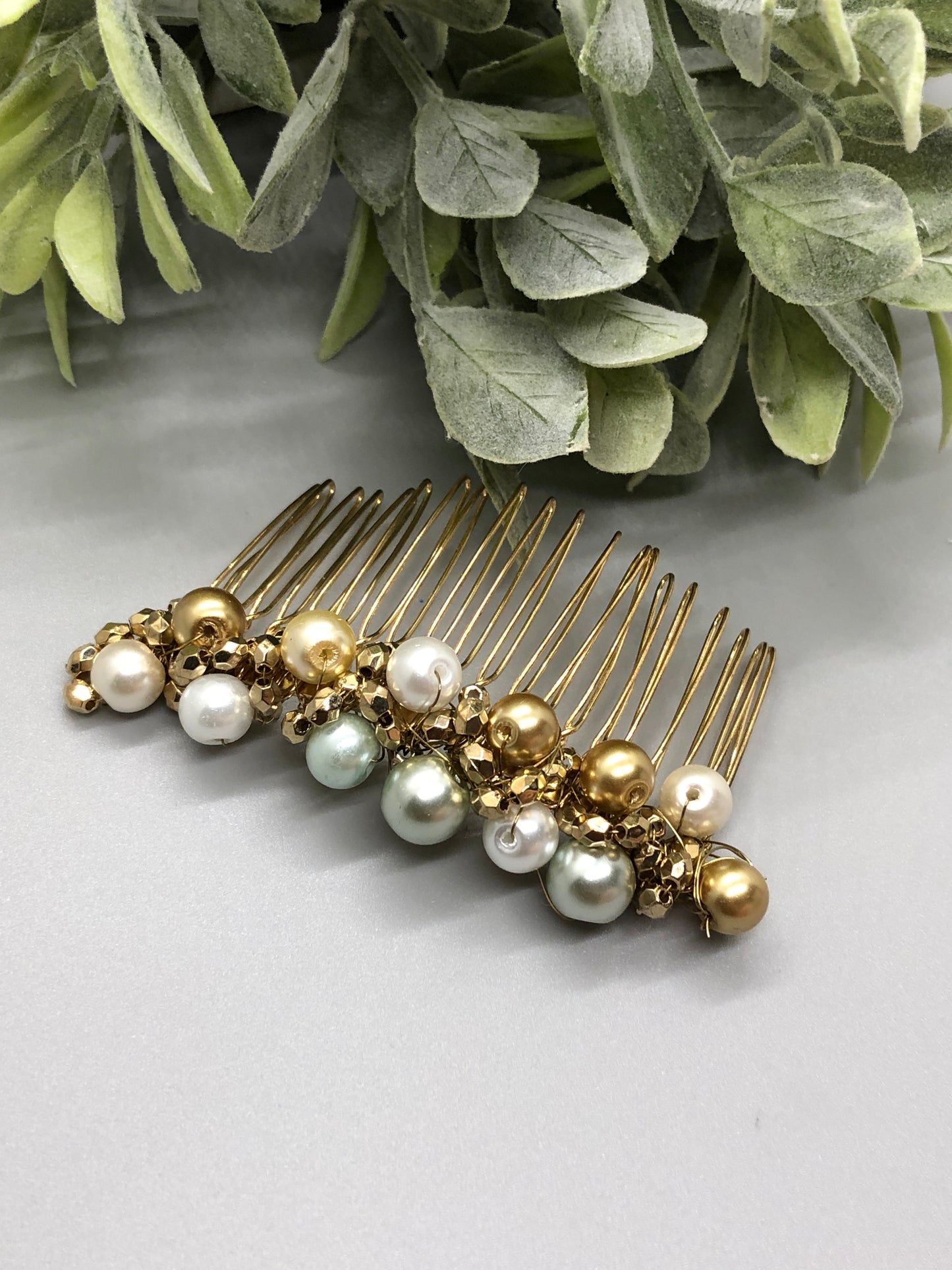 Gold White Gray Metallic Beaded Hair Comb 3.5' Gold Comb Retro Bridal Prom Wedding Party