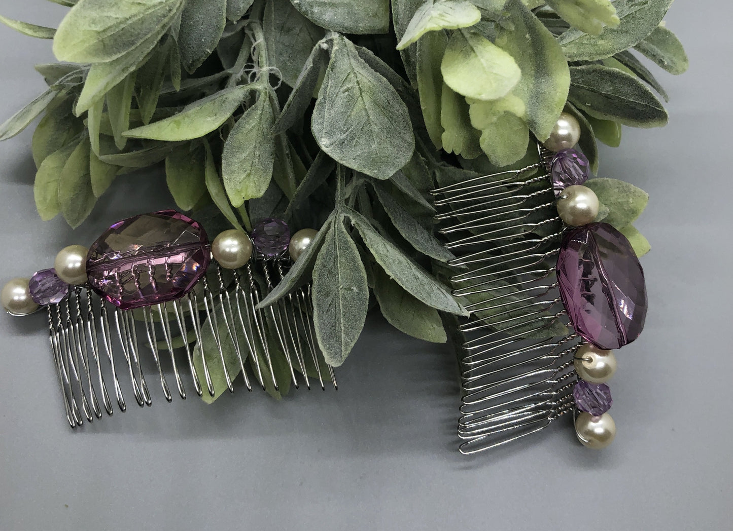 Purple crystal White Beaded Side Hair Comb Silver Metal Hair 3.5" Hair Comb Retro Vintage Style 2 pc