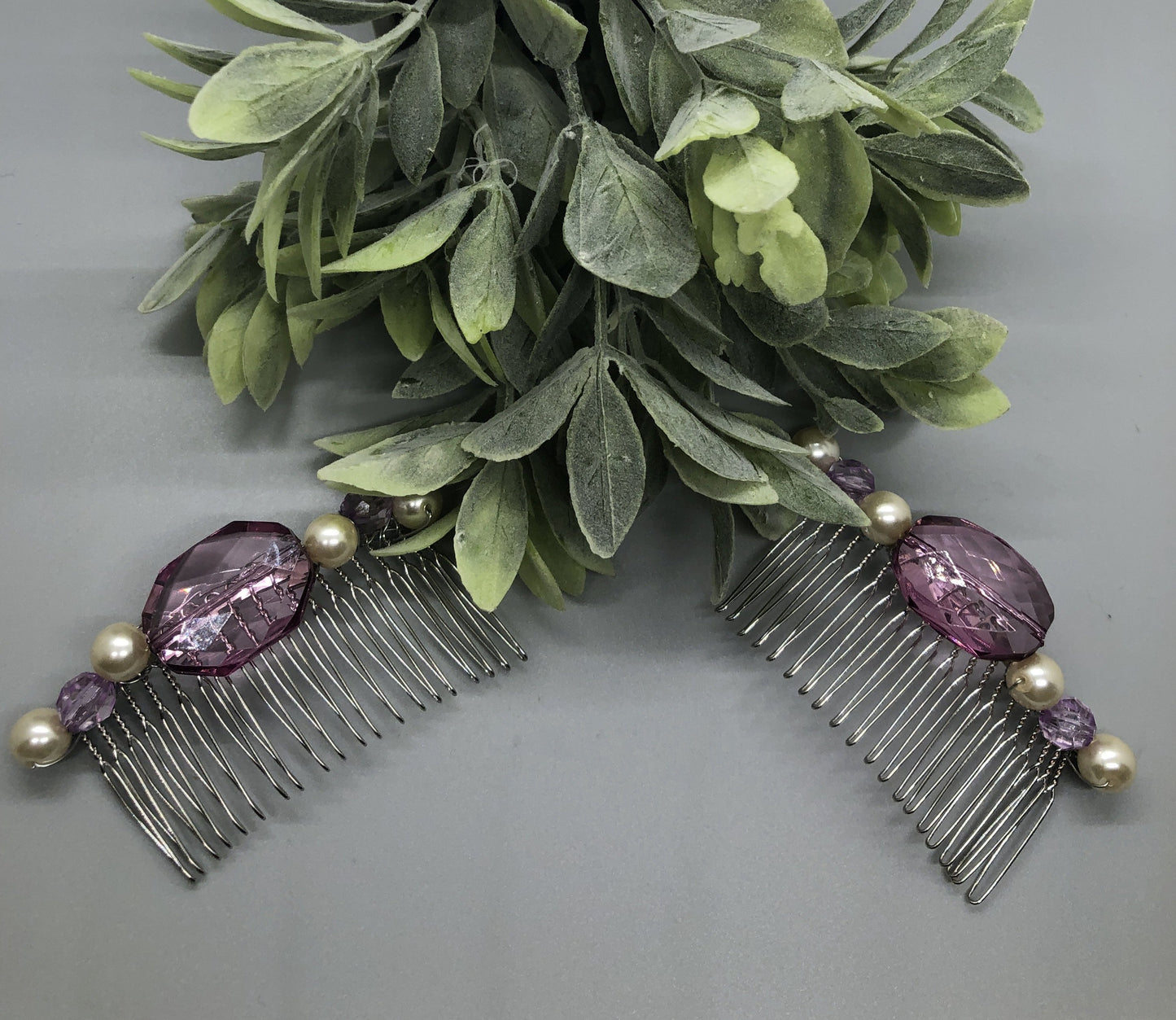 Purple crystal White Beaded Side Hair Comb Silver Metal Hair 3.5" Hair Comb Retro Vintage Style 2 pc