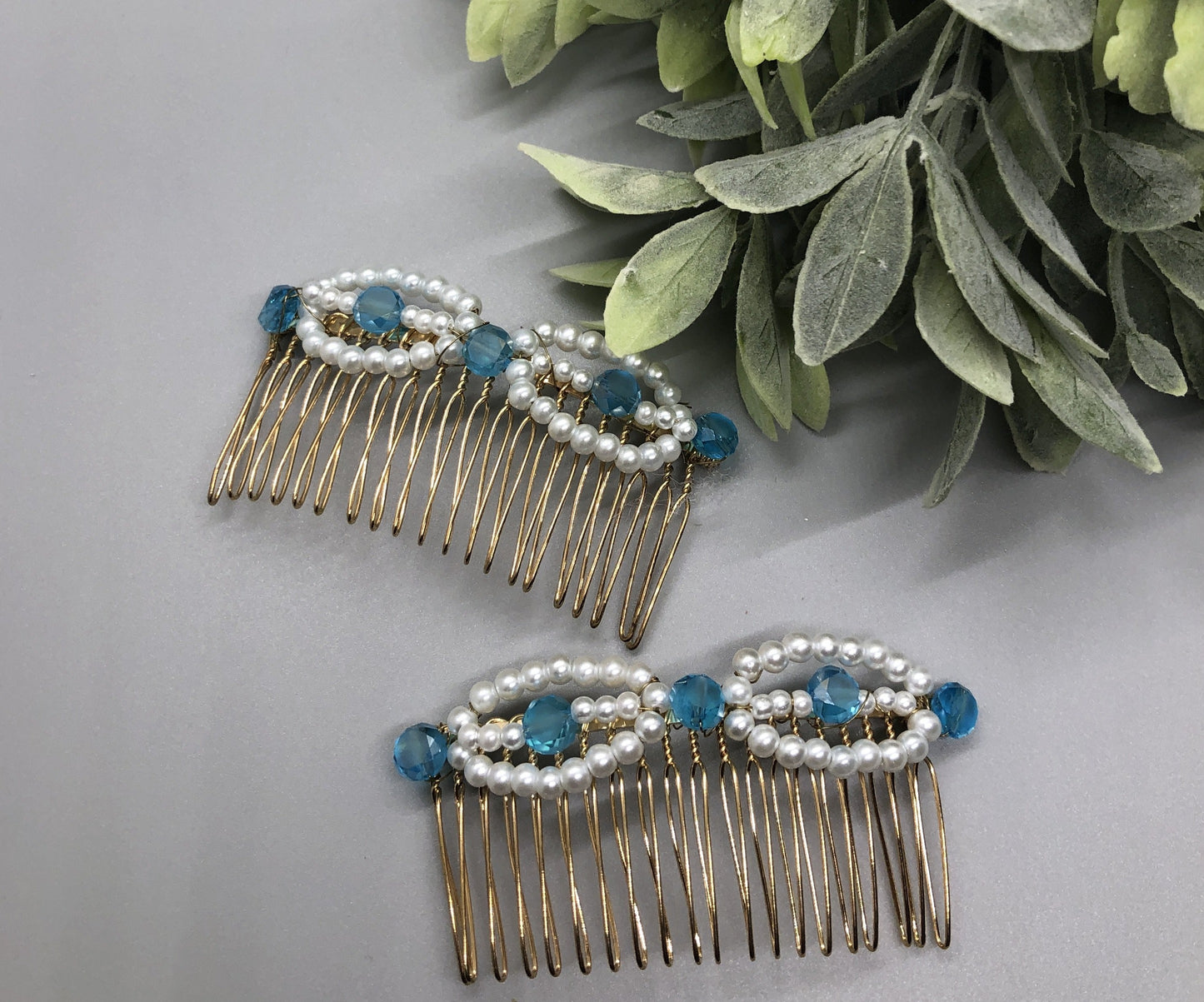 Clear Blue White Beaded Side Hair Comb Gold Metal Hair 3.5" Hair Comb Retro Vintage Style 2 pc