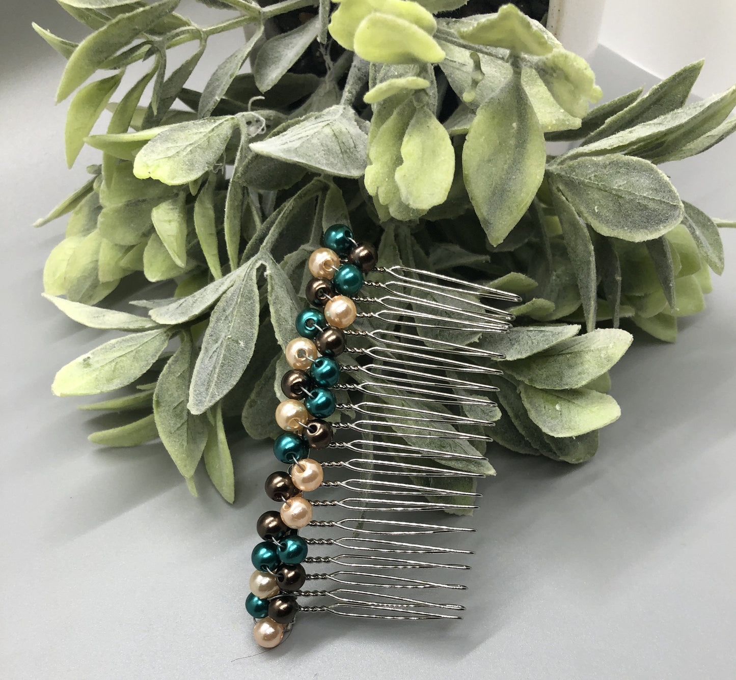 Teal Purple Pink Beaded Hair Comb 3.5'' Silver Tone Comb Retro Bridal Prom Wedding Party