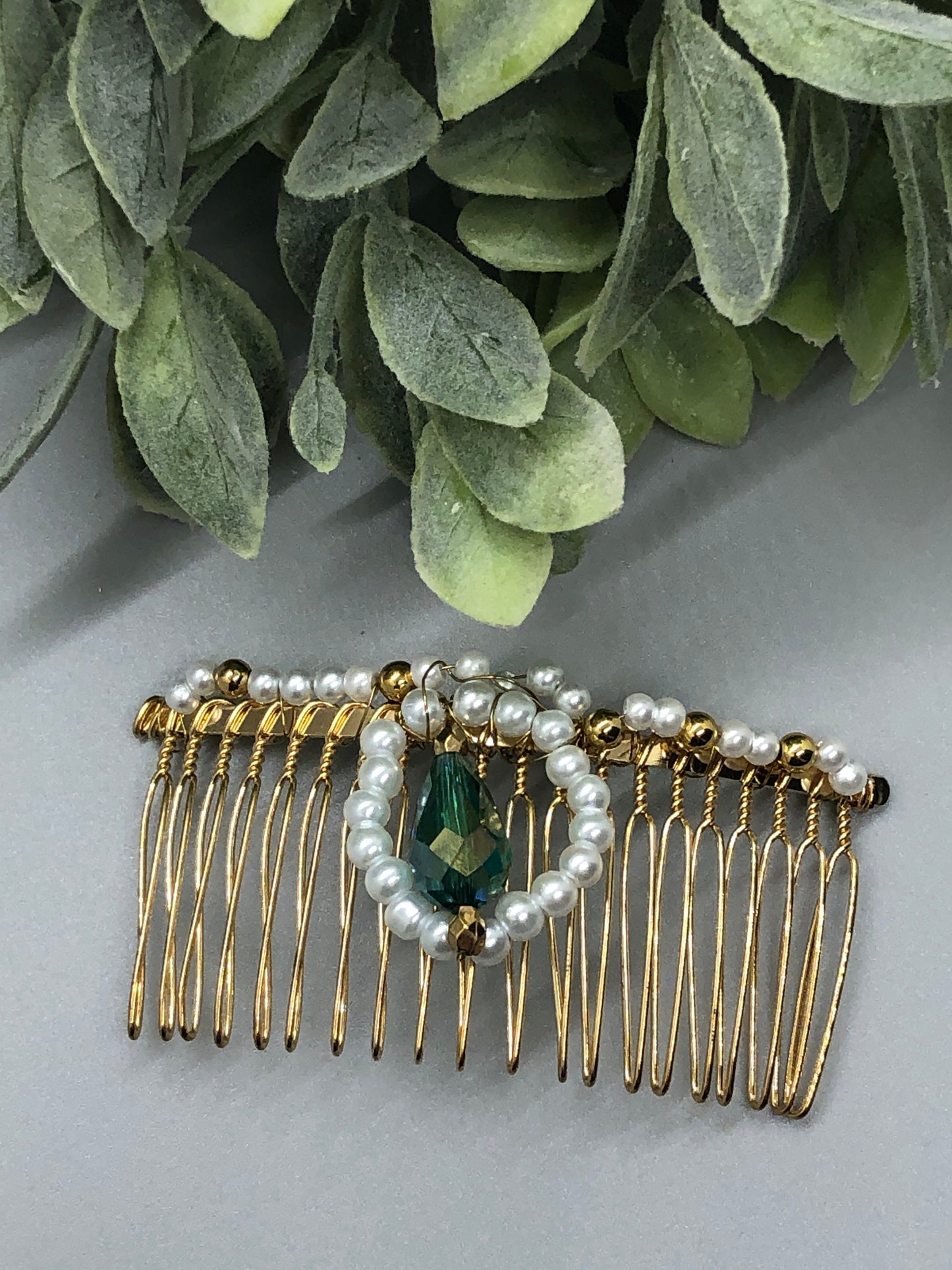 Emerald Green Gold White Pearl Beaded White Hair Comb Retro Bridal Wedding Party