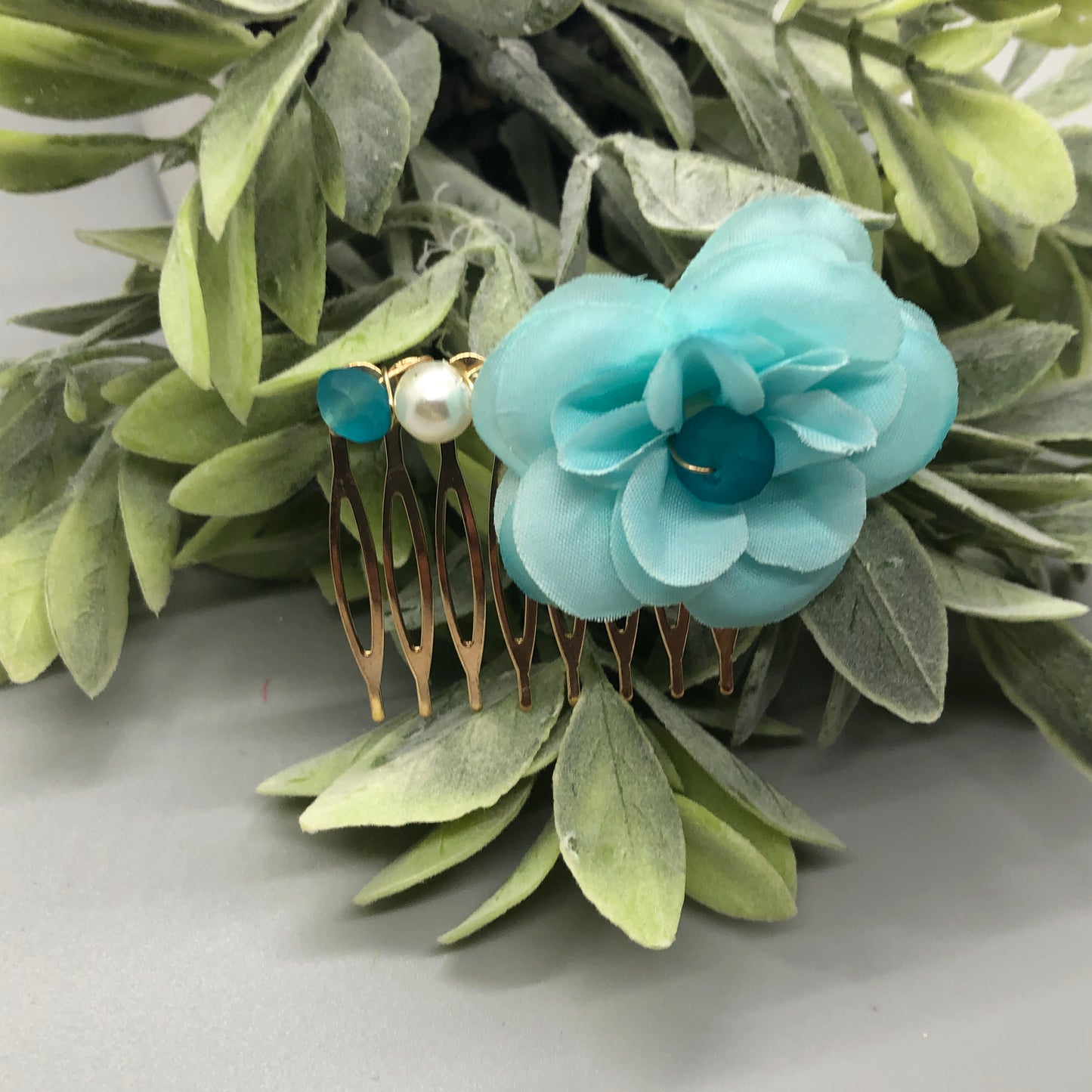 Baby Teal Flower Teal White Beads 2.0' Metal Side Comb Retro Vintage Style 1 pc